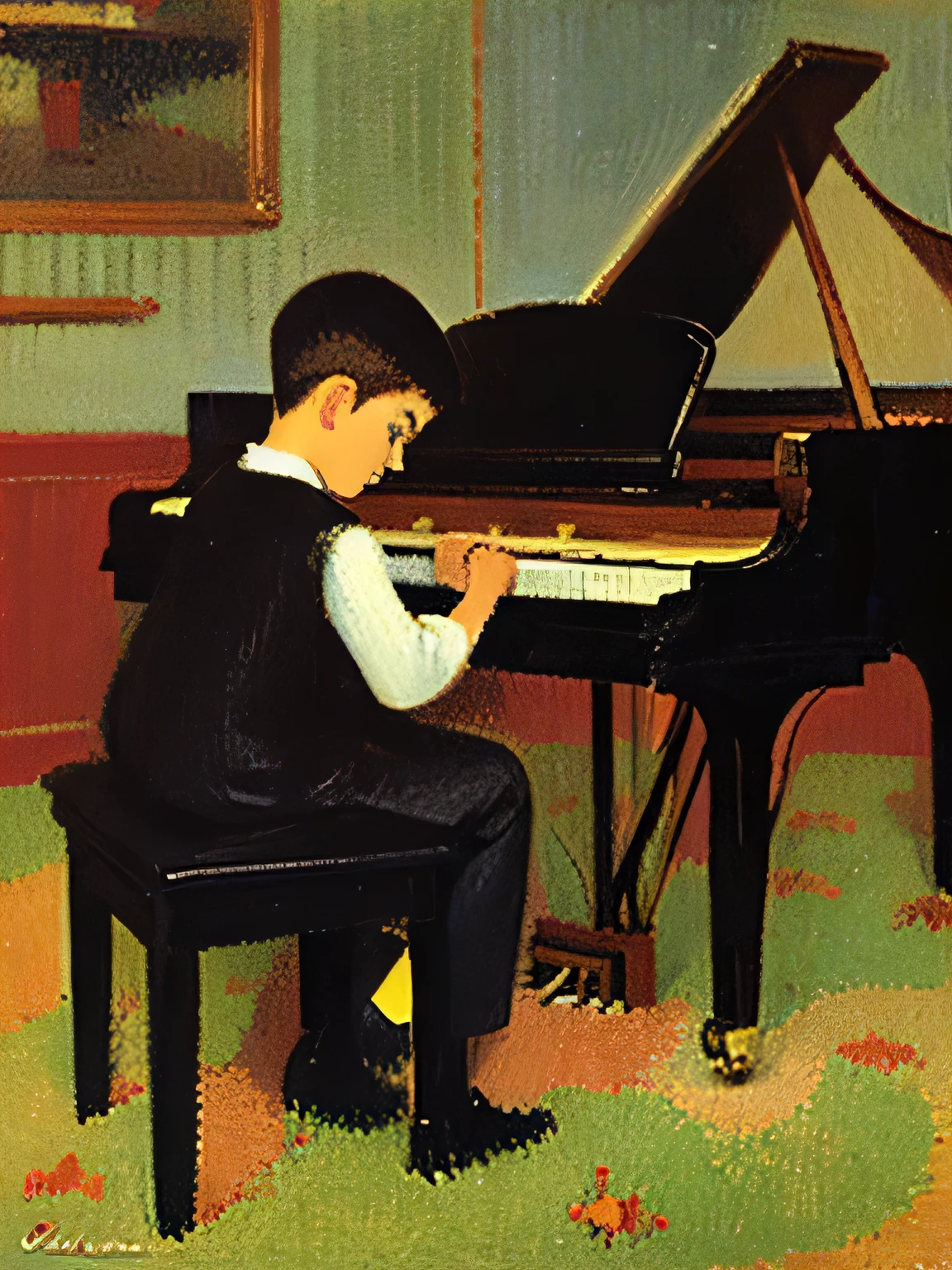 Produce a painting of a young man playing the piano in the style of Georges Seurat.