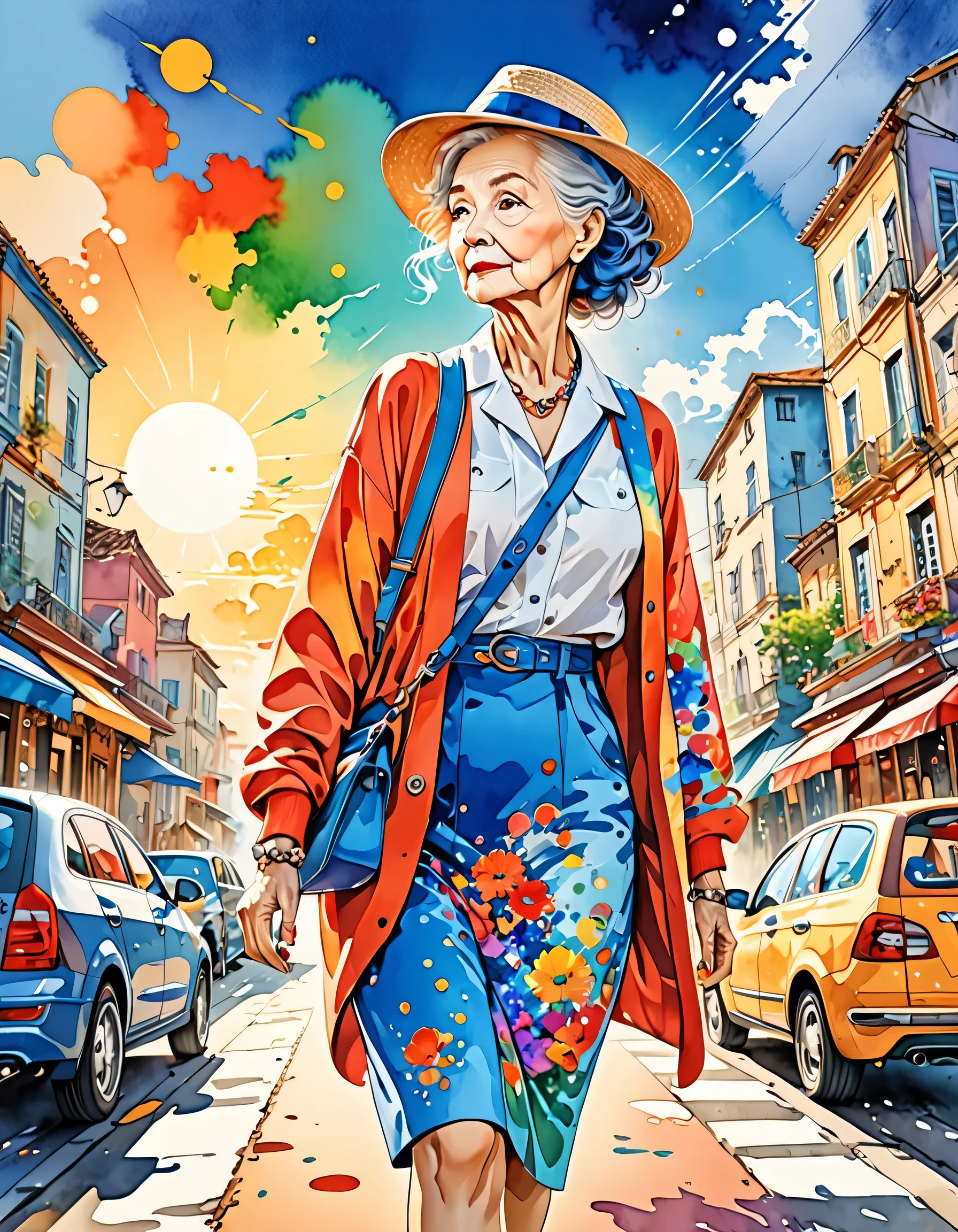 Micho Style、(((stylish fashion))), 8K Quality、Intense watercolor, Detailed watercolor art, Watercolor splash, Surreal, avant-garde pop art, Beautiful and expressive paintings, Beautiful artwork illustration, Very colorful tones, wonderful, Cool beauty, highest quality、Official Art, Vector art, Stylish design, (((The most beautiful old woman))), (((highest quality))), HDR, ((detailed)), (((Doodle Art)), ((masterpiece)), ((Super detailed)), (((Stylish))), ((beautiful morning))),  (((walking)))
