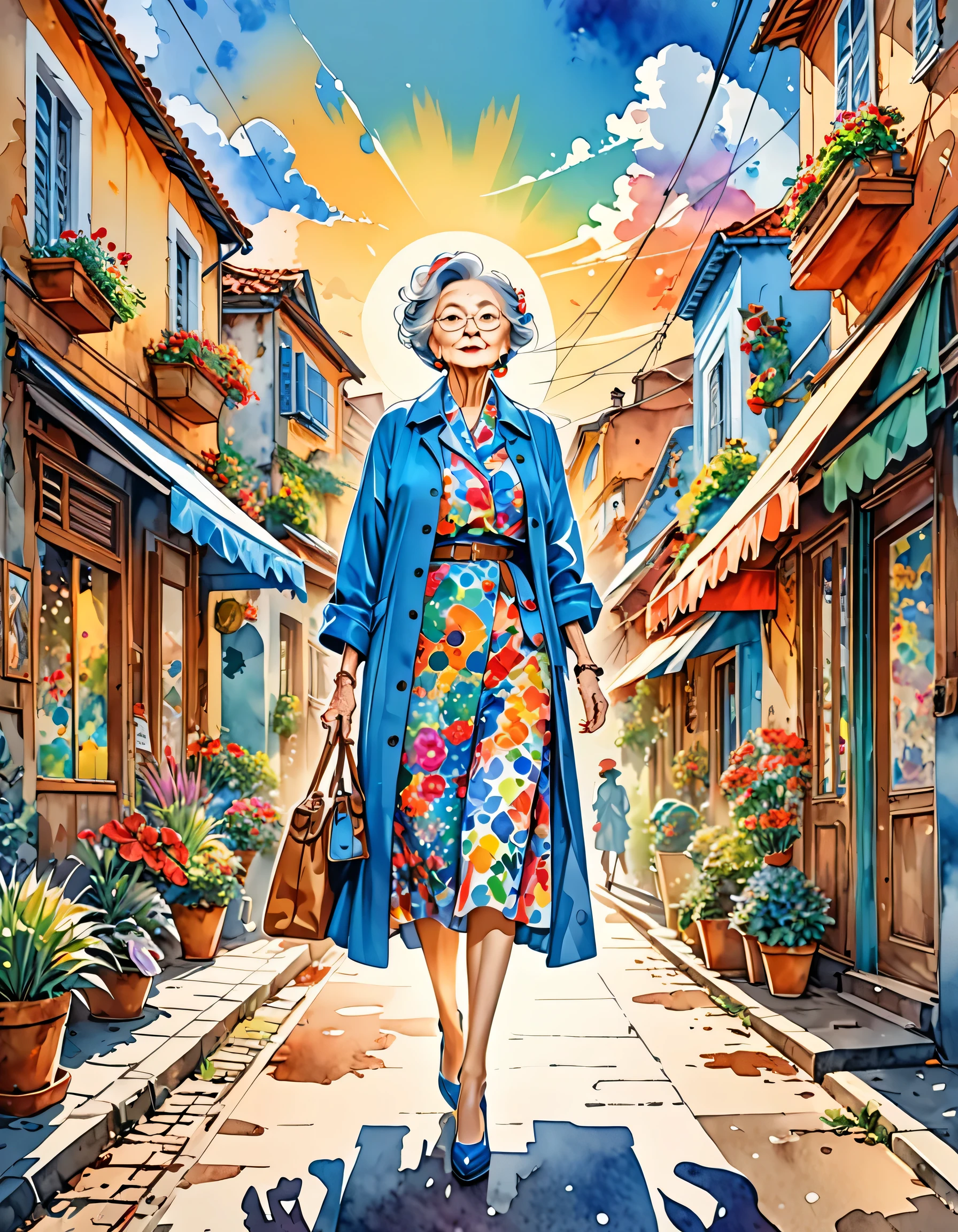 Micho Style、(((stylish fashion))), 8K Quality、Intense watercolor, Detailed watercolor art, Watercolor splash, Surreal, avant-garde pop art, Beautiful and expressive paintings, Beautiful artwork illustration, Very colorful tones, wonderful, Cool beauty, highest quality、Official Art, Vector art, Stylish design, (((The most beautiful old woman))), (((highest quality))), HDR, ((detailed)), (((Doodle Art)), ((masterpiece)), ((Super detailed)), (((Stylish))), ((beautiful morning))), (((walking)))