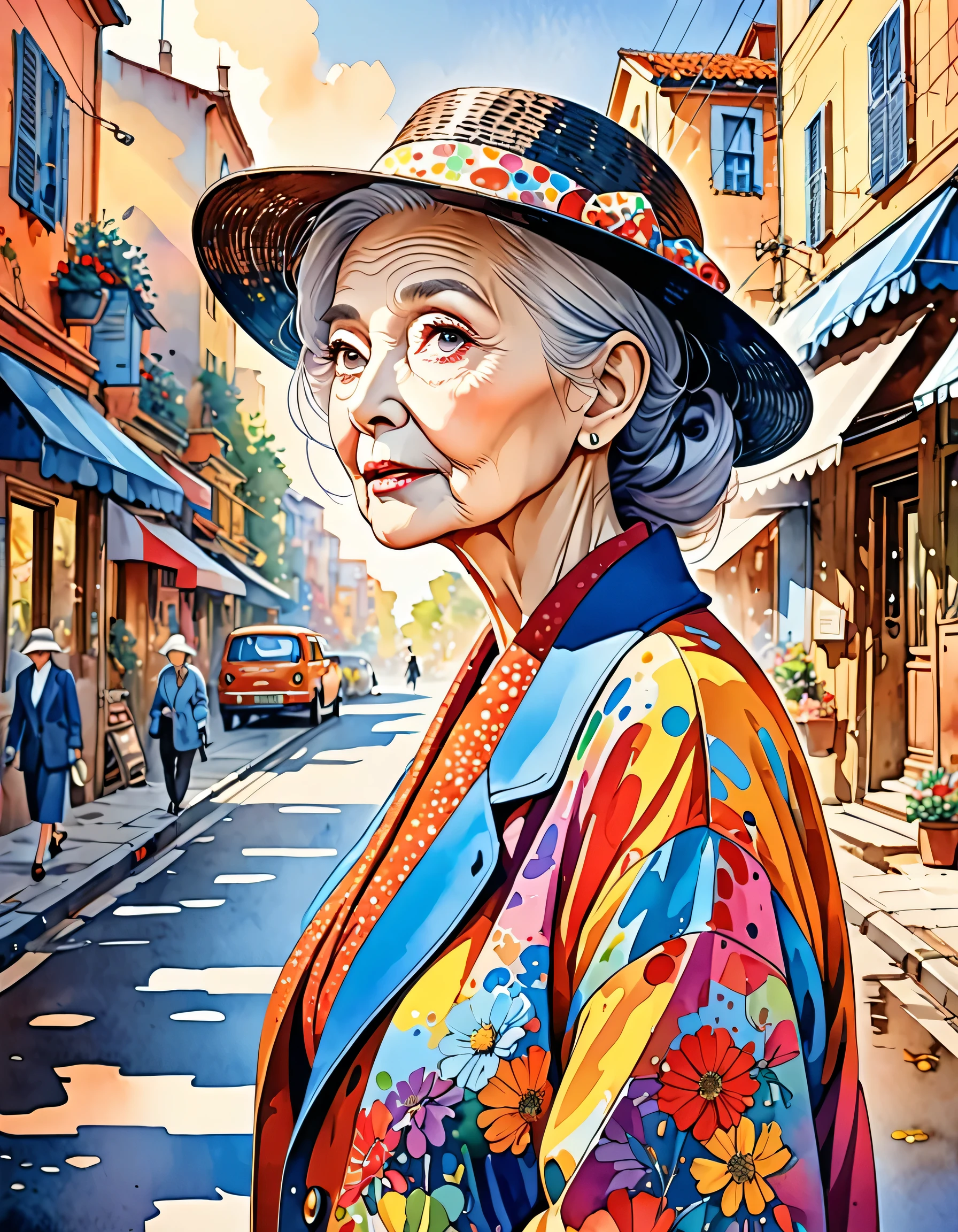 Micho Style、(((stylish fashion))), 8K Quality、Intense watercolor, Detailed watercolor art, Watercolor splash, Surreal, avant-garde pop art, Beautiful and expressive paintings, Beautiful artwork illustration, Very colorful tones, wonderful, Cool beauty, highest quality、Official Art, Vector art, Stylish design, (((The most beautiful old woman))), (((highest quality))), HDR, ((detailed)), (((Doodle Art)), ((masterpiece)), ((Super detailed)), (((Stylish))), ((beautiful morning))), (((walking)))