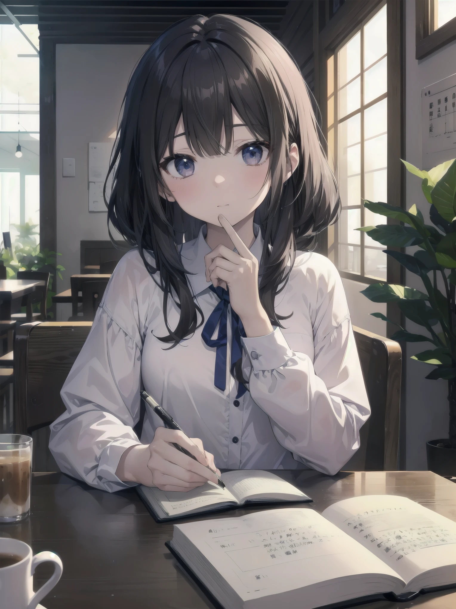 subtitle：{{Cafe}} {{Private Server}} {{Write in a note}}
町の小さなCafeで、美少女・紗織はPrivate Server姿でテーブルに座り、I was writing something in my notebook。Cafeの窓から差し込む柔らかな光が彼女の横顔を照らし、It highlights her concentrated expression.。Before her、There are maps and reference books spread out on the floor.。「The mystery will soon be solved。」Saori muttered.、Put pen to notebook。The smartphone in her hand vibrated for a moment.、A message was displayed。「We don&#39;t have time。Extra-legal measures must be taken。」I decided to、Saori closed her notebook and stood up.。