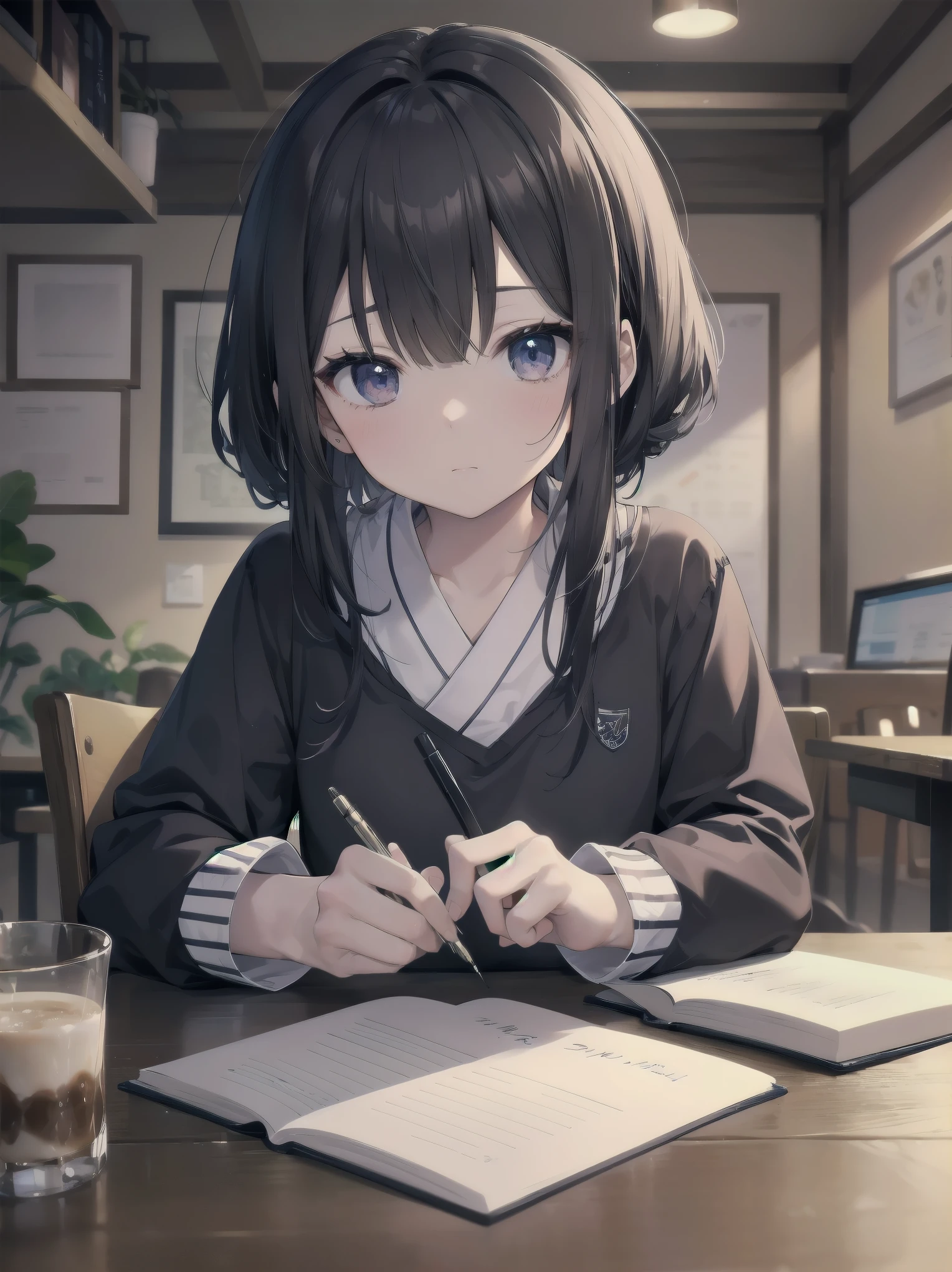 subtitle:{{Cafe}} {{Private Server}} {{Write in a note}}
町の小さなCafeで、美少女・紗織はPrivate Server姿でテーブルに座り、I was writing something in my notebook。Cafeの窓から差し込む柔らかな光が彼女の横顔を照らし、It highlights her concentrated expression.。Before her、There are maps and reference books spread out on the floor.。「The mystery will soon be solved。」Saori muttered.、Put pen to notebook。The smartphone in her hand vibrated for a moment.、A message was displayed。「We don't have time。Extra-legal measures must be taken。」I decided to、Saori closed her notebook and stood up.。