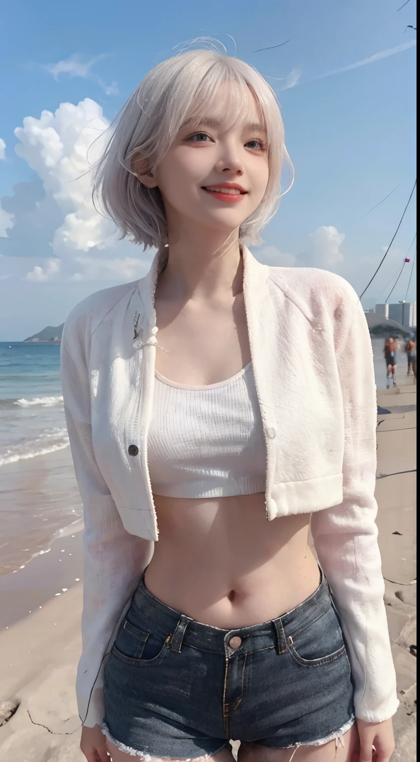 Best image quality、RAW Photos、超A high resolution、21 years old Korean、Small breasts、Dynamic Angle、Cowboy Shot、Chaos in its most beautiful form、elegant、Brutalist Design、Vibrant colors、Beautiful white hair、Short Bob、smile、fun、smile、Glowing White Skin、Beautiful eyes with random colors、Very thin lips、Beautiful eyes in every detail、length, Narrow eyes、Cheeks are pale pink、length eyelashes、Beautiful double eyelids、eye shadow、Bright white hair、Black cropped top、Lightweight see-through jacket、hot pants、Sandy Beach、Shooting from the side