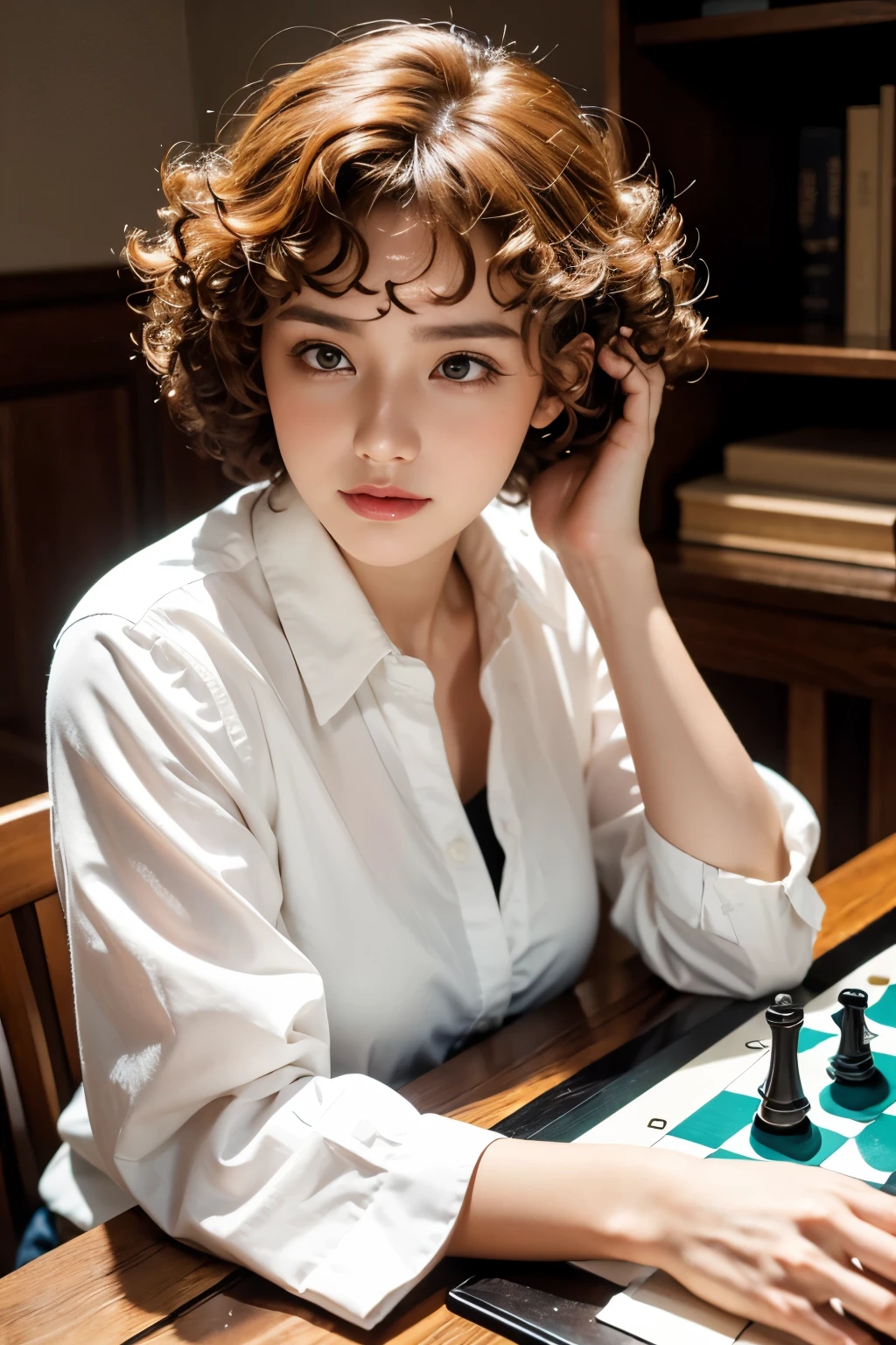 Beautiful woman with short orange hair playing chess, magazine pose, wearing a white shirt and brown vest, (Perm Hair Curly: 1.5),