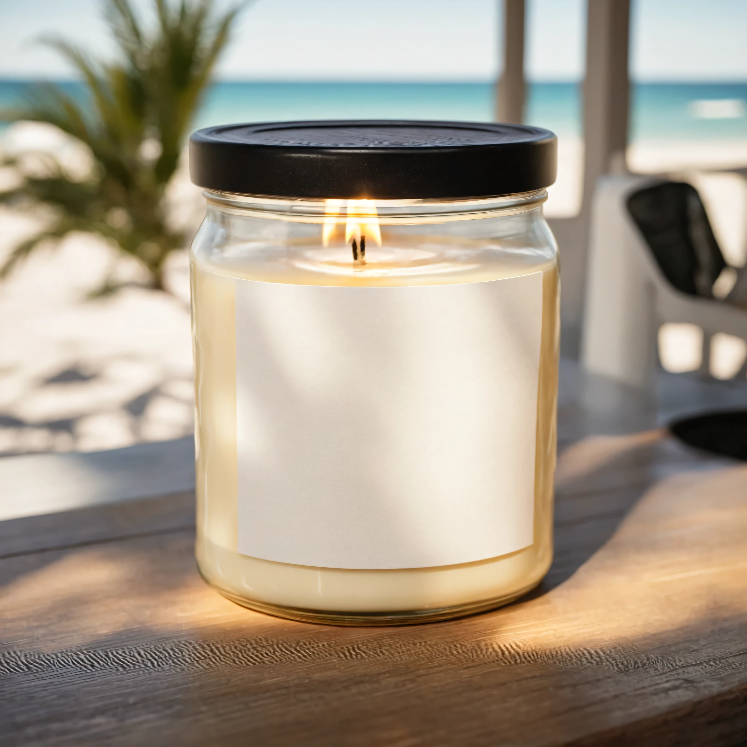 Mockup empty, a blank beige candle in a jar with white label and black lid standing on a wooden table in a sunny beachhouse, professional photo, shot on 50mm lens, sony a7 camera, daylight, shallow depth of field,