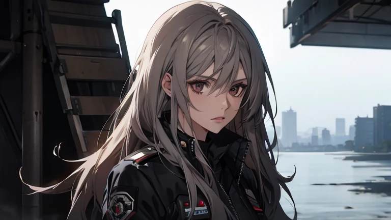 (Disorganized, High resolution, Ultra-detailed), 1 female, Silver Hair,Long Hair,Reddish brown,black pilot jacket,20th Generation,Beauty,Mature,thin,Quiet,Calm