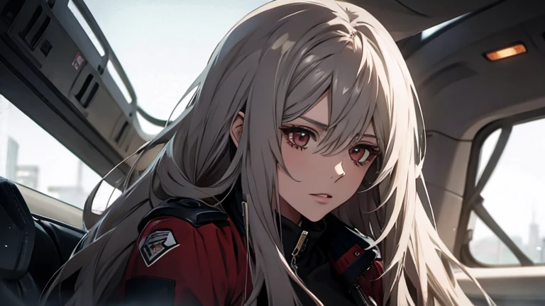 (Disorganized, High resolution, Ultra-detailed), 1 female, Silver Hair,Long Hair,Reddish brown,black pilot jacket,20th Generation,Beauty,Mature,thin,Quiet,Calm