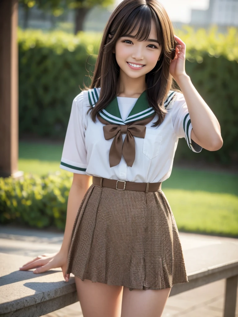 (highest quality, 4k, 8K, High resolution, Tabletop:1.2), Full Body Shot. Super detailed, Realistic:1.37, Light brown hair, Semi-long hair, Asymmetrical bangs, Mature Woman, high school girl, Sailor suit, Green and brown checkered micro mini pleated skirt, Super super slender body, Shy and cute face, A very happy smile