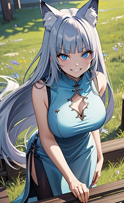 (masterpiece:1.4、top-quality、illustration)、(character focus、,cowboy shot:1.3)、(from above:1.4),(1girl),(evil grin:1.3),(Beautiful eyes:1.4),cute face,blue eyes、(tareme:1.3)、(fox ears,fox tails),
),(stand:1.4),、(leaning forward:1.4),(),
(blue grey hair),(long hair:1.5)、
,(meadow:1.3),(sleeveless turtleneck china dress:1.5),
(blunt bangs),(sidelocks:1.3), (large )、
、slender、