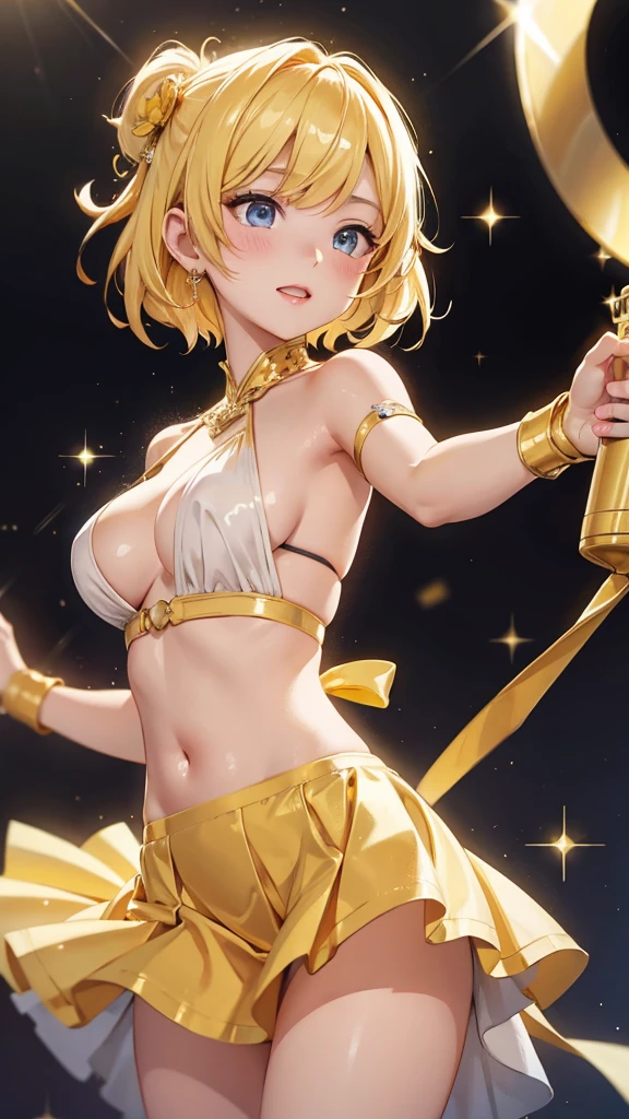 masterpiece、Soft Focus , Bright gradient watercolor、Tabletop, High resolution, 8k, Anime Women, Delicate and detailed writing 、Detailed digital illustration、high resolution, high quality、Detailed Background、Close-up photo、
short hair、Shiny Hair、Bright yellow hair、bangs、Very beautiful woman、Idol、Double Eyes、Large Breasts、
(((Two arms、Four fingers, One thumb)))、Detailed female face、
(Holding a glittering golden microphone:1.5)、Singing on a microphone、(Idol Costumeini)、 short skirt、Yellow ribbon、Yellow rose hair accessory、Yellow and white outfit、(I can see her white panties:1.3)