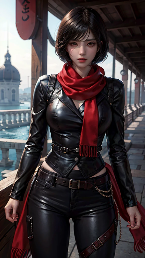 HMMIKASA, CABELLO CORTO, OJOS NEGROS, BUFANDA, EMBLEMA, belt, CORREA PARA EL MUSLO, RED SCARF, PANTALONES BLANCOS, Brown jacket, MANGAS LARGAS, Desnuda