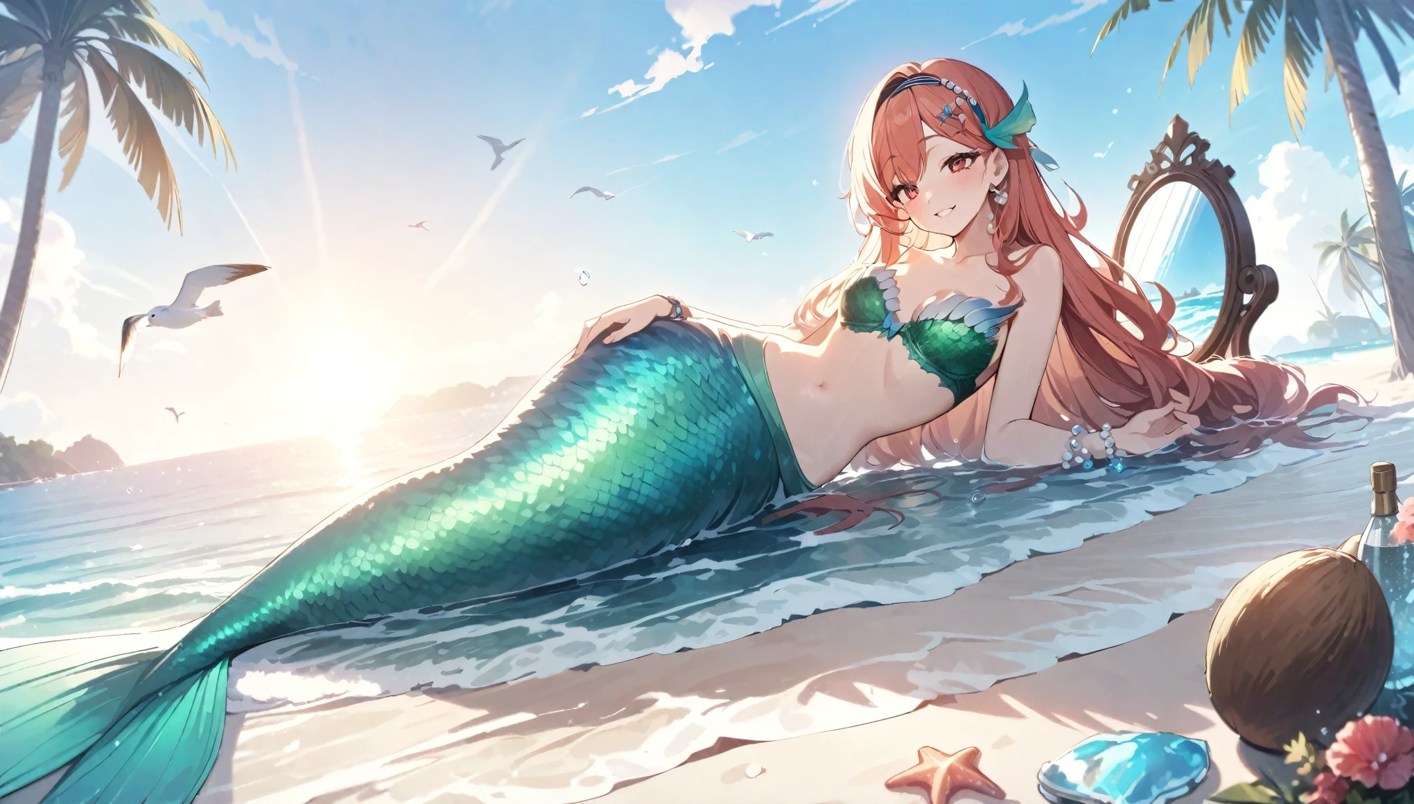 (best quality,4k,8k,highres,masterpiece:1.2),ultra-detailed,teenage girl gets magically transformed into a mermaid, fantasy transformation,red-eyed,beautiful detailed eyes,spiky long ginger hair,happiness,cute mermaid, long and detailed mermaid tail with shimmering green scales, seashell bra,pair of fish gills on her torso, red and black ribbon headband, starfish hair clips, pearl hair ornaments, pearl earrings and bracelets, pearl necklace, eye-catching accessories,beautifully detailed lips, lying on a sandy beach, new beautiful body,she’s smiling,embracing her new life has a mermaid, brushing her hair with an hairbrush, holding a small mirror, ocean waves,sparkling water,coconut trees,seagulls,coral reef,vibrant colors,magical glow,shimmering scales,sea breeze,warm sunlight,joyful expression,island paradise,lush tropical plants,dynamic composition,soft and smooth lines,expressive facial features,gentle water reflections,serene atmosphere, Highly detailed, masterpiece, high quality, 4K.