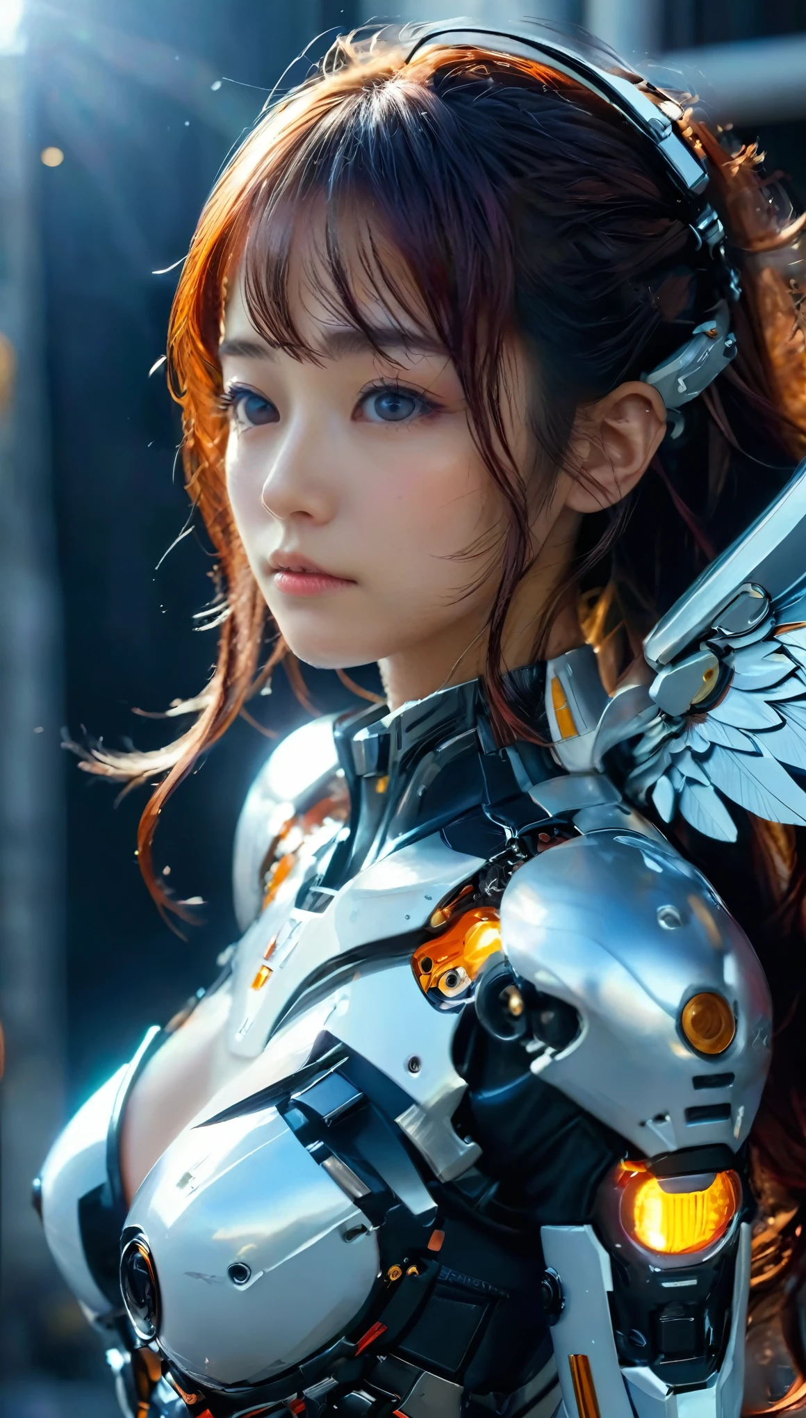 (highest quality:1.2, masterpiece)、Ultra-high resolution、Extremely surrealist, (Photorealistic:1.4)、RAW Photos、(Battle Cyborg), (Fall Angel)、Large metal wings、Black porcelain body、Redhead、Glowing Skin、1 Cyborg Girl、(Machine frame:1.3)Japanese, exremely cute face, ((Ultra-Realistic Details))、Portraiture、Global Illumination、Shadow、Octane Rendering、8k、Super sharp、Character edge light、Intricate decorative details、Acrylic clear cover、More about Sumer、Hydraulic cylinder、Small LED Lamp、Very intricate details、Realistic Light、Purple eyes、Shining Eyes、To the camera、Neon Details、whole body写真、whole body、Wide angle