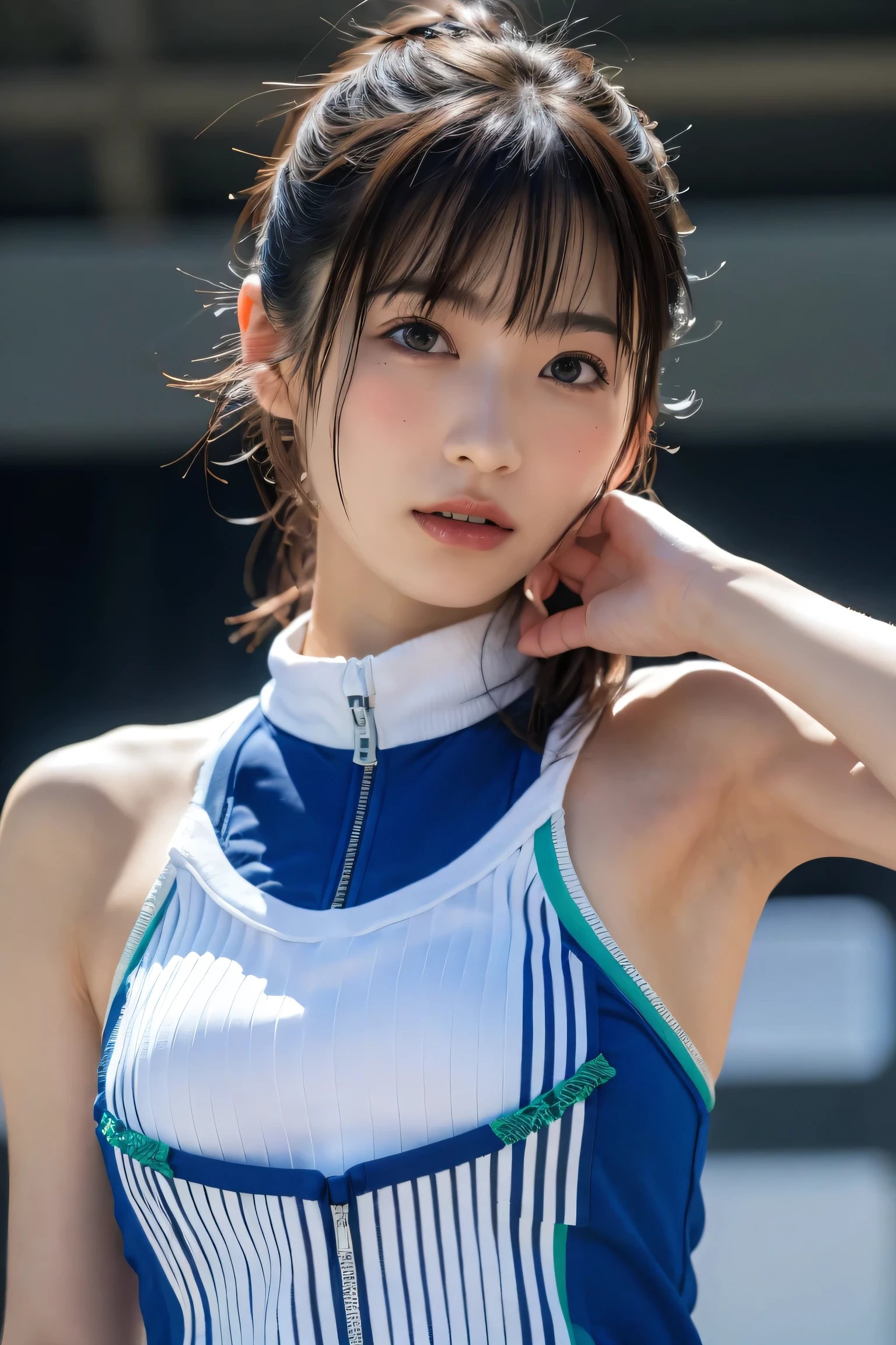 (8k, RAW Photos,highest quality, High resolution:1.1), (Ultra-realistic:1.4),(Realistic, Realistic:1.3),The Beauty of Japan、Rhythmic gymnastics club、Rhythmic Gymnastics Uniform、((Upper Body:1.3)),holding panties