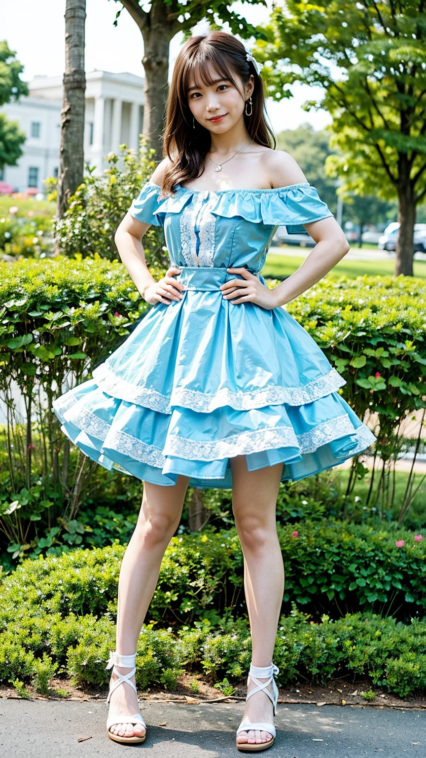 (8k、RAW Photos、highest quality、masterpiece:1.2)、(Realistic、Realistic)、1 girl、((White and light blue dresini skirt、Belly button、Sandals、Off the shoulder、Frills、Ribbon on chest、garden、smile、Big Breasts、View from the front、whole body、Standing with hands on hips))、Lots of eyelashes、Glowing eyelids、skeletally correct
