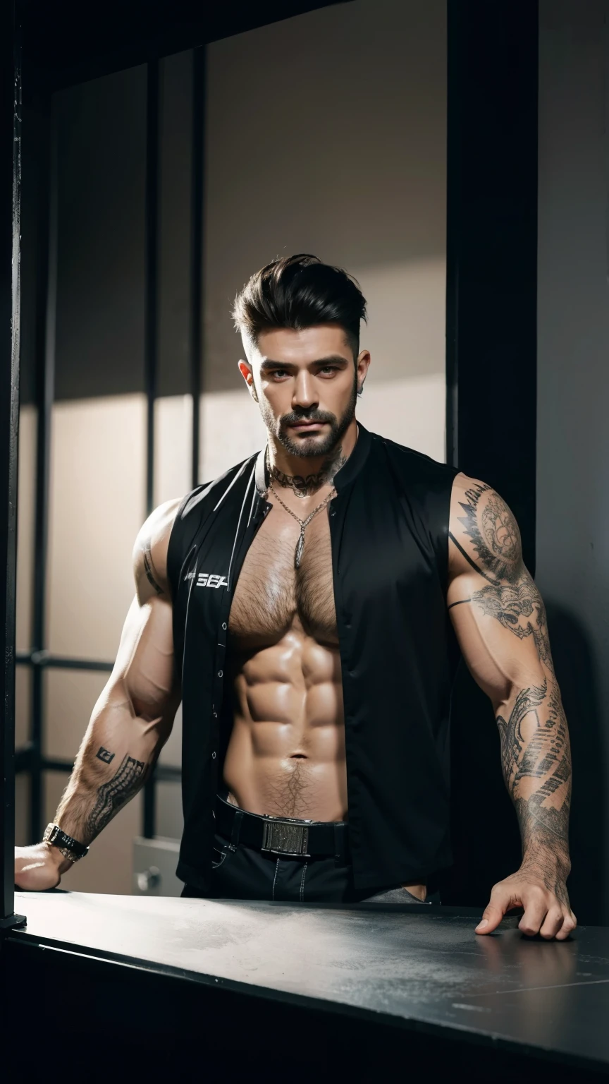 Masterpiece, best quality, realistic skin texture, realistic clothes texture, realistic hair, realistic, 8k resolution, muscular, big chest, big arms, tattooed arms, tattooed chest, veiny, muscular chest, muscular arms, athlete, handsome man, smirk, dominant male, open chest, ripped shirt, cowboy, daddy, dilf, 40 years old man, bad boy style, gangster, mafia, bandit