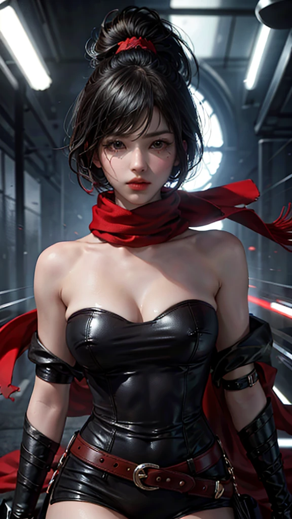 HMMIKASA, CABELLO CORTO, OJOS NEGROS, BUFANDA, EMBLEMA, belt, CORREA PARA EL MUSLO, RED SCARF, Desnuda