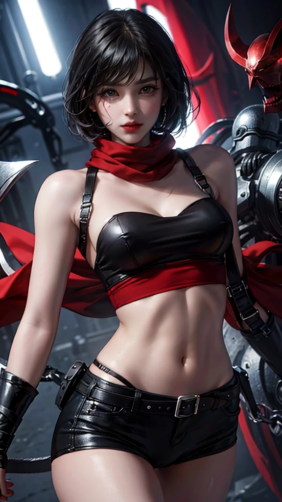 HMMIKASA, CABELLO CORTO, OJOS NEGROS, BUFANDA, EMBLEMA, belt, CORREA PARA EL MUSLO, RED SCARF, Desnuda