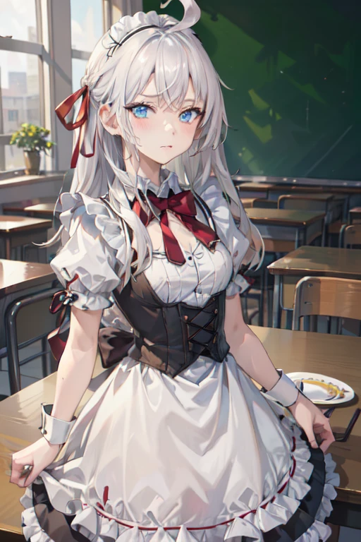 masterpiece, highres, highest quallity, illustration, cinematic light, ultra detailed, detailed face, detailed eyes, best quality, hyper detailed, masterpiece, detailed face,beautiful face,perfect body,1girl,16years old,student,long hair, blue eyes,hair ribbon, white hair, ahoge,pov,red ribbon,cowboy shot,seductive posture,((motion lines)),maid dress,classroom,standing and having a cake,blush.closed mouth,school festival,ascent,table cloth,tea set on the desk,classmate:1.5,crowd,group picture