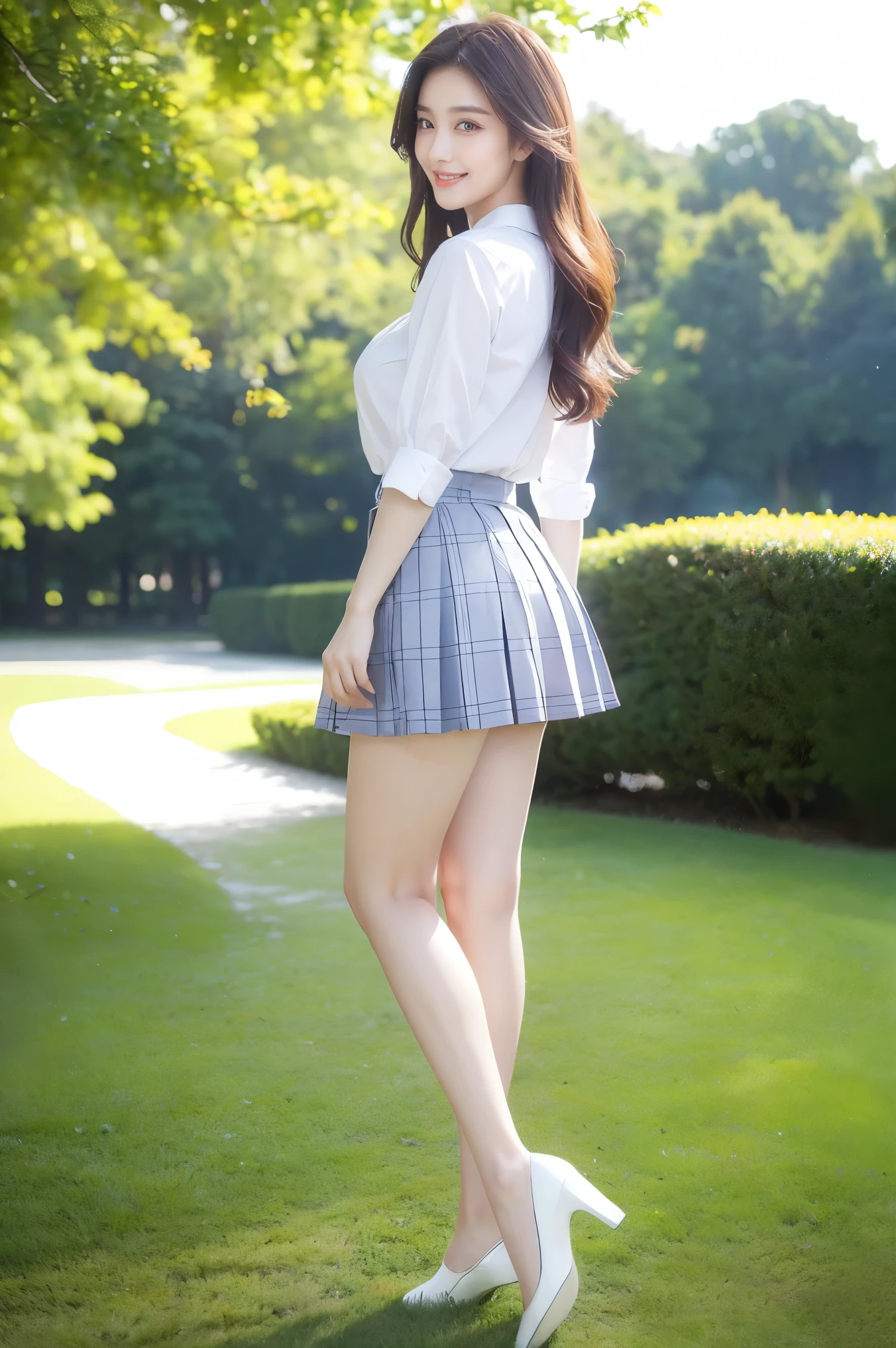 (highest quality、Tabletop、8k、Best image quality、Award-winning works)、1 high school girl、************、(alone:1.1)、(1 photo:1.1)、Perfect beautiful composition、(Big Breasts:1.3)、(Accentuate your body lines:1.1)、(Perfect and precise white polyester shirt:1.1)、(navy check pleated skirt:1.1)、(Foot Pictures:1.2)、Look at me and smile、(Beautiful park background with strong blur:1.1)、The most natural and perfect beauty park、A perfectly maintained regular park、Standing Elegantly、Natural Makeup、(Thick legs:1.2)、(Attractive body:1.3)、Ultra-high definition beauty face、Ultra HD Hair、Ultra HD Shining Eyes、(Ultra-high resolution glossy skin:1.1)、Super high quality glossy lip、Accurate anatomy、(very bright and vivid:1.1)、(Rear View:1.3)、(she&#39;sheはお尻を私の方に向ける:1.2)、(big and beautiful hips:1.2)、(Emphasizes the beautiful hip line:1.1)、