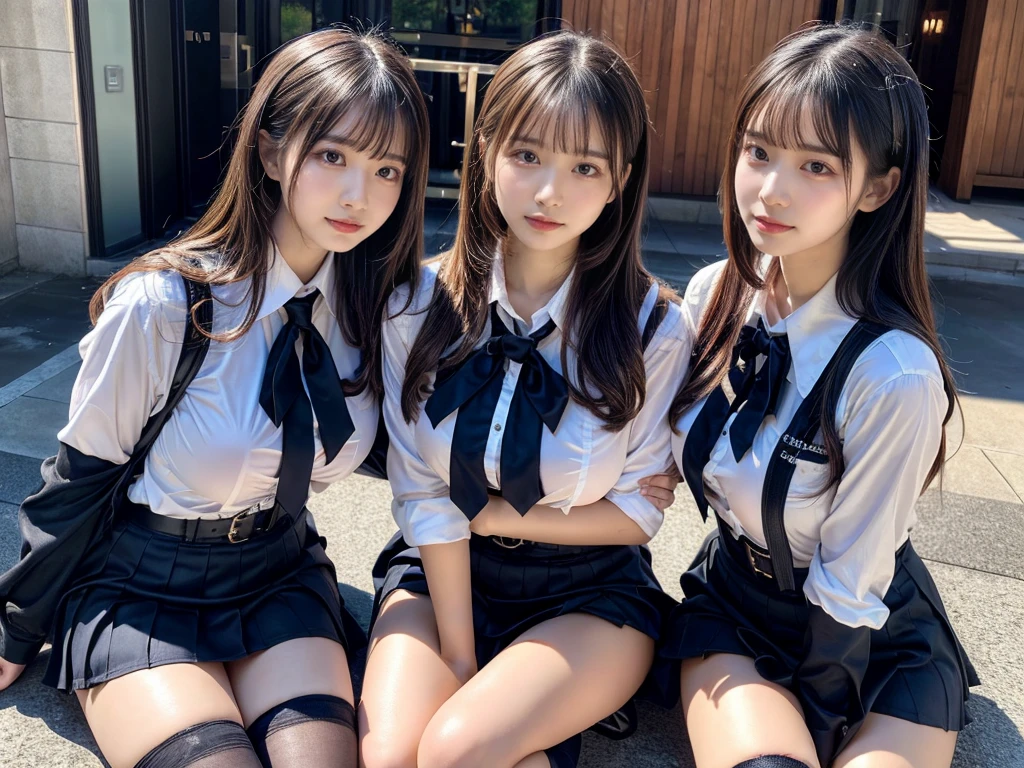(8K, Raw photography, top-quality, ​masterpiece:1.2), master piece, best quality, illustration, Super detailed, fine details, High resolution, 8K,wall paper, perfect dynamic composition,(Details High quality, realistic depiction of eyes:1.3), ((2 girls, 2 schoolgirls)), The background is a luxury hotel room、High school girl uniform、blazer 、Super Short Check Uniform Skirt、Navy blue high socks、garterbelts、Colossal tits、Disturbed uniform, Play with each other,Touching each other's bodies,Touching the body of the girl next door, short bob hair, black hair color, huge breasts, Big Natural Color Lip, bold sexy pose, (perfect body shape), crying a little、cold gaze,  Beautiful makeup,glitter makeup,Cutest 18 years old, beautiful legs, hposing Gravure Idol, Voluptuous thighs