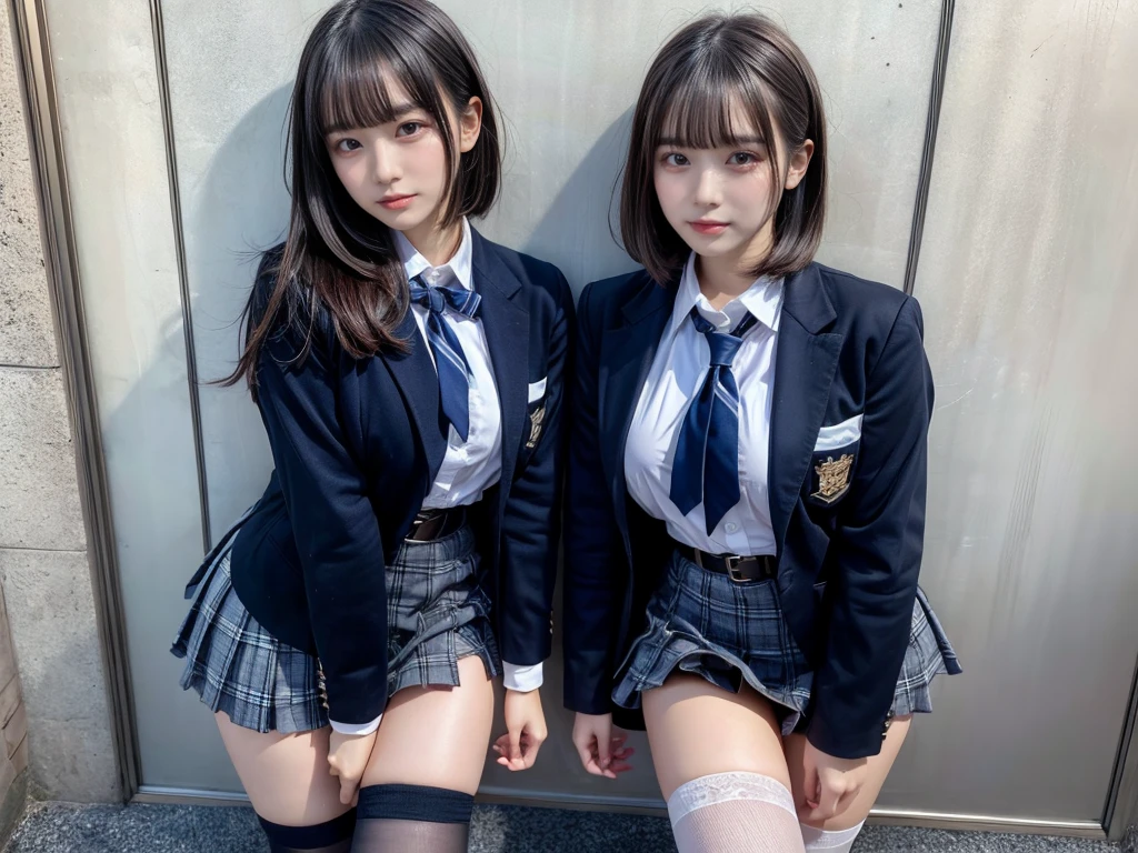 (8K, Raw photography, top-quality, masterpiece:1.2), master piece, best quality, illustration, Super detailed, fine details, High resolution, 8K,wall paper, perfect dynamic composition,(Details High quality, realistic depiction of eyes:1.3), ((2 girls, 2 schoolgirls)), The background is a luxury hotel room、High school girl uniform、blazer 、Super Short Check Uniform Skirt、Navy blue high socks、garterbelts、Colossal tits、Disturbed uniform, Play with each other,Touching each other's bodies,Touching the body of the girl next door, short bob hair, black hair color, huge breasts, Big Natural Color Lip, bold sexy pose, (perfect body shape), crying a little、cold gaze, Beautiful makeup,glitter makeup,Cutest 18 years old, beautiful legs, hposing Gravure Idol, Voluptuous thighs
