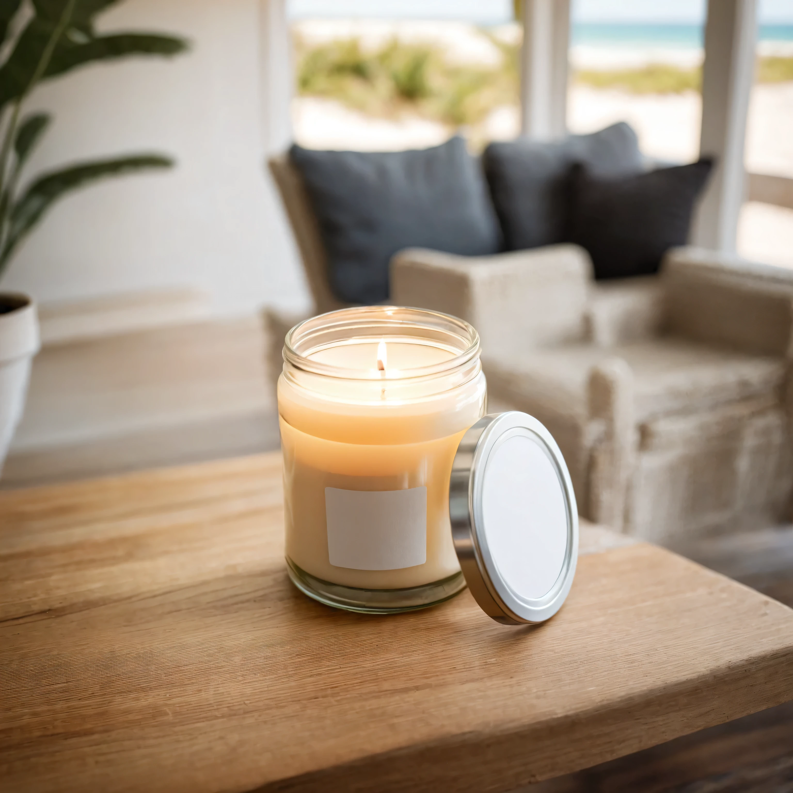 Mockup empty, a blank beige candle in a jar with white label and black lid standing on a wooden table in a sunny beachhouse, professional photo, shot on 50mm lens, sony a7 camera, daylight, shallow depth of field,