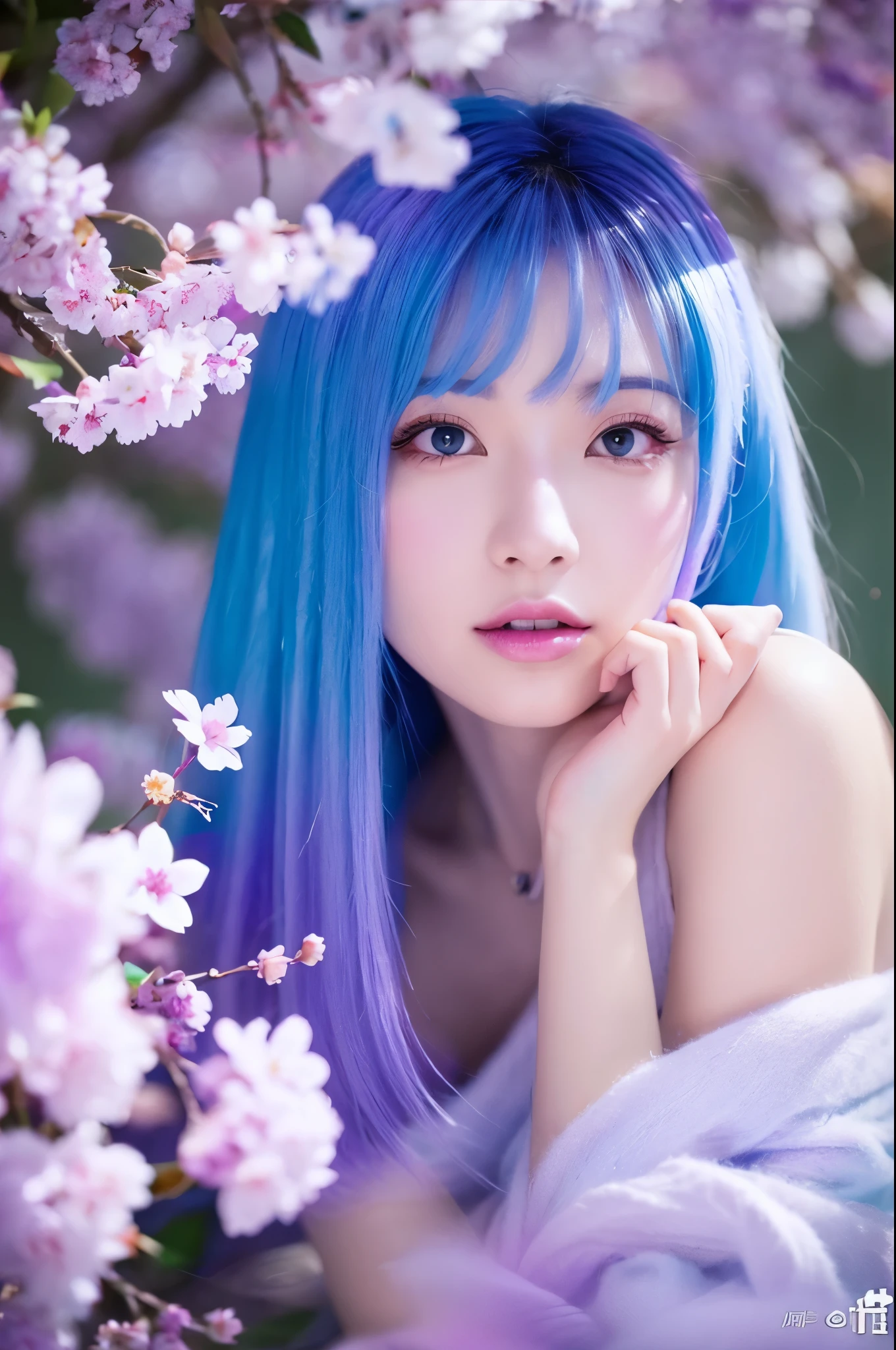 Purple and light blue gradient hair、ice、cherry blossoms、gem　woman