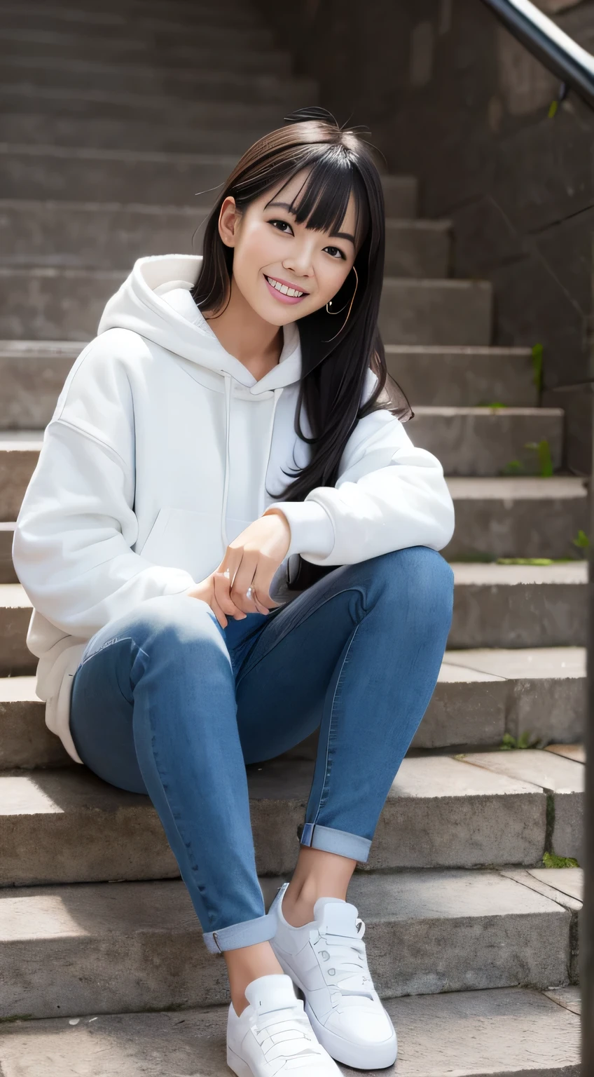 highest quality, Realistic, Very detailed, Finer details, High resolution, 8k wallpaper, One beautiful woman,Sit on the stairs、(Wear black socks)smile、(Beautiful teeth alignment、)(Gums are visible) Oversized hoodie, Skinny jeans,( Black sneakers)、Black Hair、 Beautiful Bangs、ear piercing、Perfect dynamic composition, Beautiful and detailed, Full Body Shot, A big smile brown hair