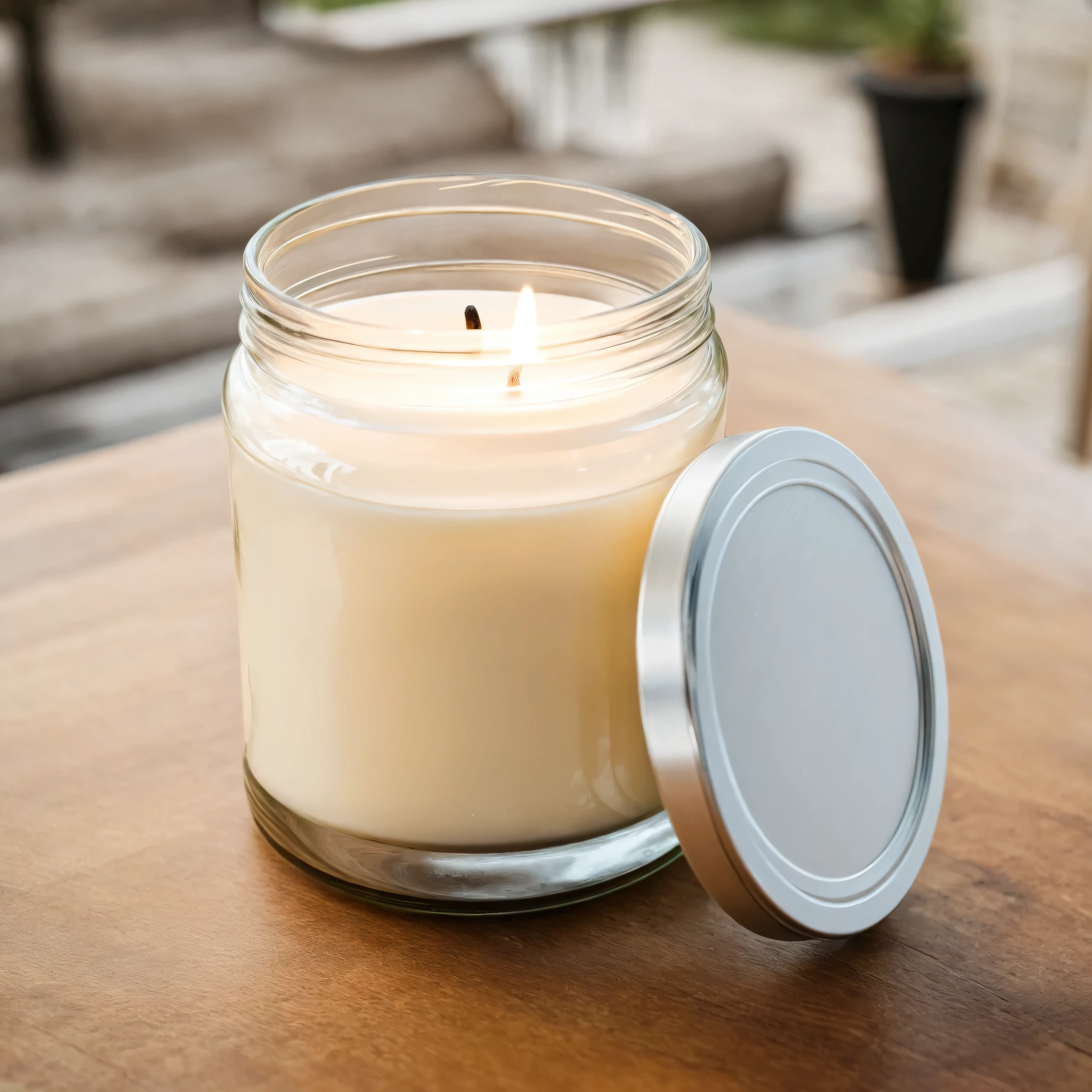 Mockup empty, a blank beige candle in a jar with white label and black lid standing on a wooden table in a sunny beachhouse, professional photo, shot on 50mm lens, sony a7 camera, daylight, shallow depth of field,