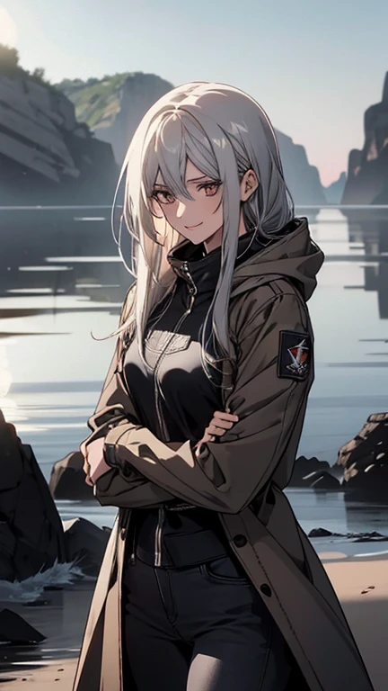 (Confused, High resolution, Very detailed), 1 female, Silver Hair,Long Hair,Reddish brown eyes,boots,Wearing a hood,Long coat,Skinny jeans,Black and white pilot suit,,Small breasts,26 years old,Beautiful woman,Adult female,,thin,quiet,Calm,A shy little smile,Coast at dawn

