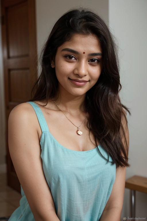 24 years old indian bengali girl who wearing light cyan color indian clothes, kind face, beautiful light wavy medium hair, attractive neck, beautiful lip, beautiful brown eyes, light eyebrows, no makeup, wearing light chain in her neck, and smiling