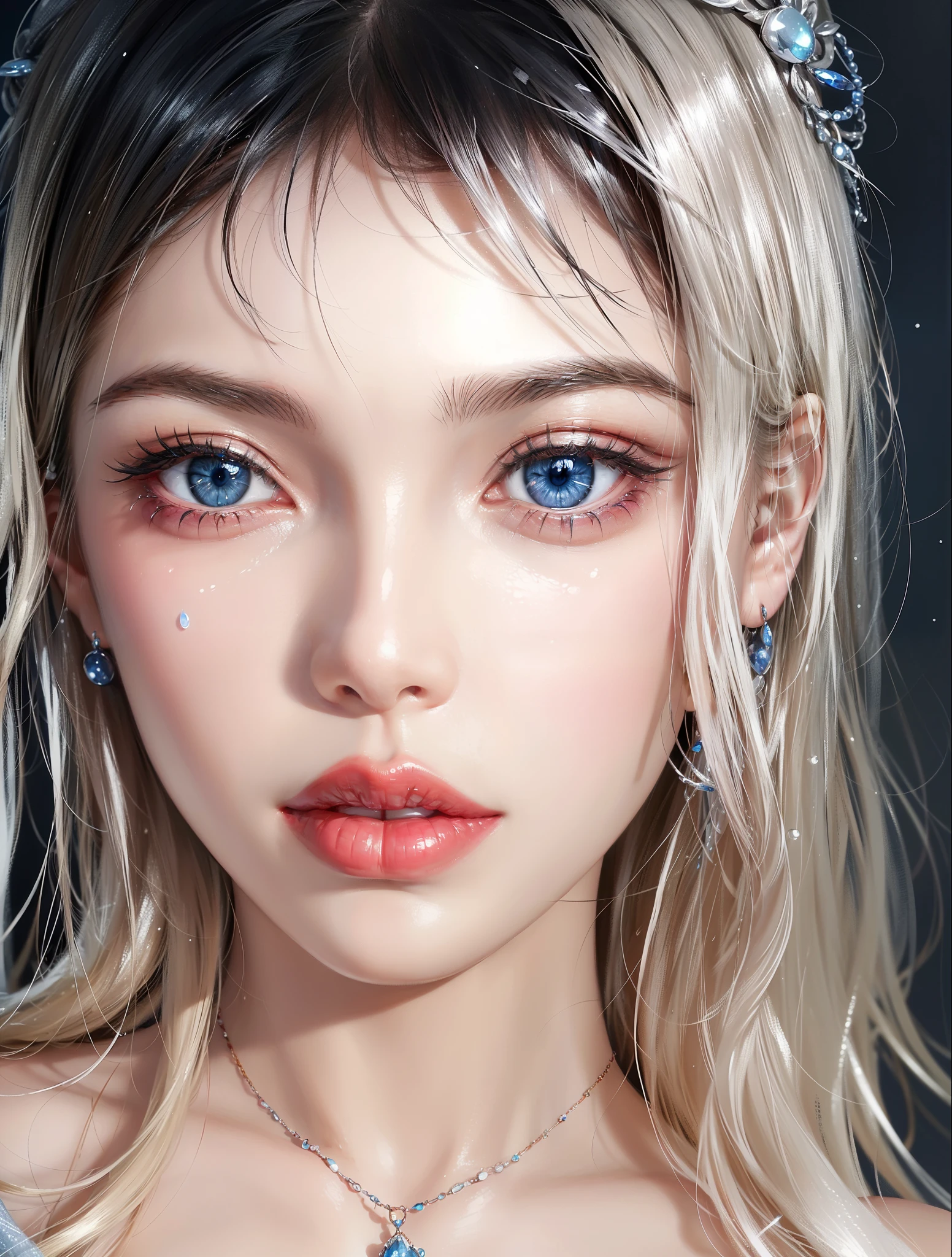 Super detailed, Delicate face, Realistic style, Stock Photography: , rich and colorful, Surrealism, Realistic textures, Dramatic Lighting, Thin Film Distiller 800 (8K, original photo, Better quality, masterpiece: 1.2), Super detailed, (Extremely delicate skin: 1.2), 8K Ultra HD, SLR camera, Soft Light, high quality,Snow Queen,ice castle,Blue pupils,Apply red lipstick,Tattoo goddess,With tattoo pattern,Ultra-clear portrait,apply lipstick,Wearing necklace jewelry,apply lipstick,Wear heavy makeup,The facial texture is very clear,Beautiful tattoos on the body,Deep blue eyes(Sapphire-like pupils),Water droplets on the face