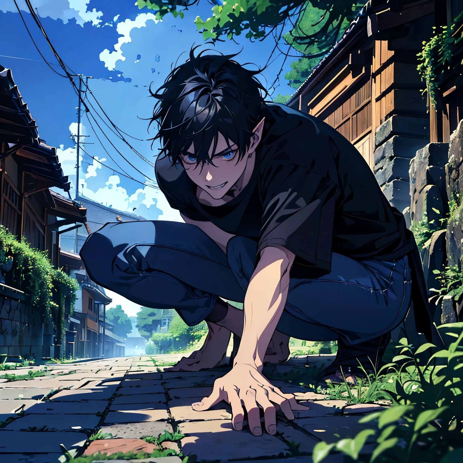 1man,male focus, 20 years old, very short black hair, blue eyes, pale skin, pointy ears, fangs, smile, excited expression, wearing a black t-shirt, blue jeans,Bare feet, holding a japanese katana. Garden,dark blue sky , night, fight environment, full shot, from above,depth of field emphasis, (dramatic lighting), (((professional. highly detailed. HD. UHD. HDR. 16K. very high quality. clean. realistic anime. hyper realistic.))), newest, Okumura Rin, Blue Exorcist, newest, anime style 