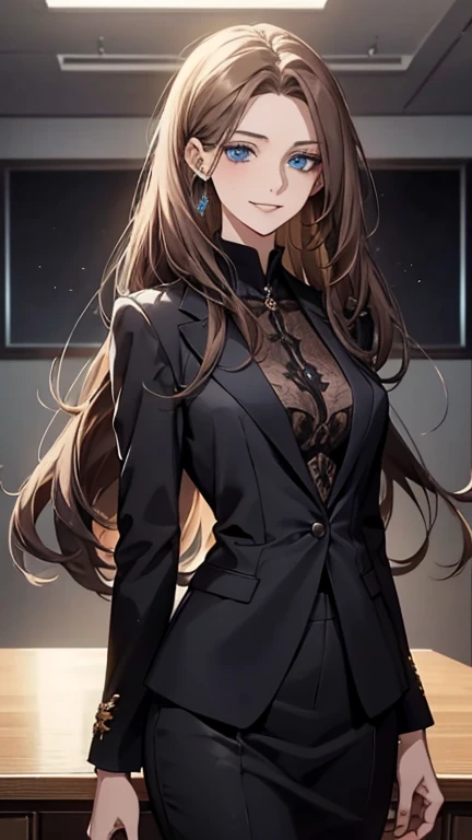(highest quality,High resolution,Very detailed),1 girl, Beautiful and elegant light blue eyes, Brown Hair, Cold Smile,Straight long hair tied back, Wearing a black suit, Mature Woman, Age 25,Cruel smile, Calm and Calm, Slim figure, Pale complexion, thin, Calm, In the conference room.