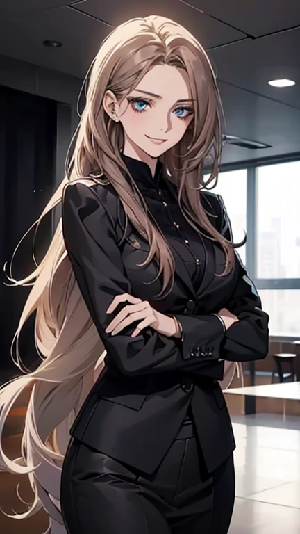 (highest quality,High resolution,Very detailed),1 girl, Beautiful and elegant light blue eyes, Brown Hair, Cold Smile,Straight long hair tied back, Wearing a black suit, Mature Woman, Age 25,Cruel smile, Calm and Calm, Slim figure, Pale complexion, thin, Calm, In the conference room.
