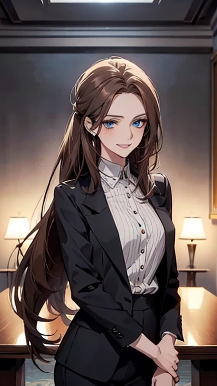 (highest quality,High resolution,Very detailed),1 girl, Beautiful and elegant light blue eyes, Brown Hair, Cold Smile,Straight long hair tied back, Wearing a black suit, Mature Woman, Age 25,Cruel smile, Calm and Calm, Slim figure, Pale complexion, thin, Calm, In the conference room.