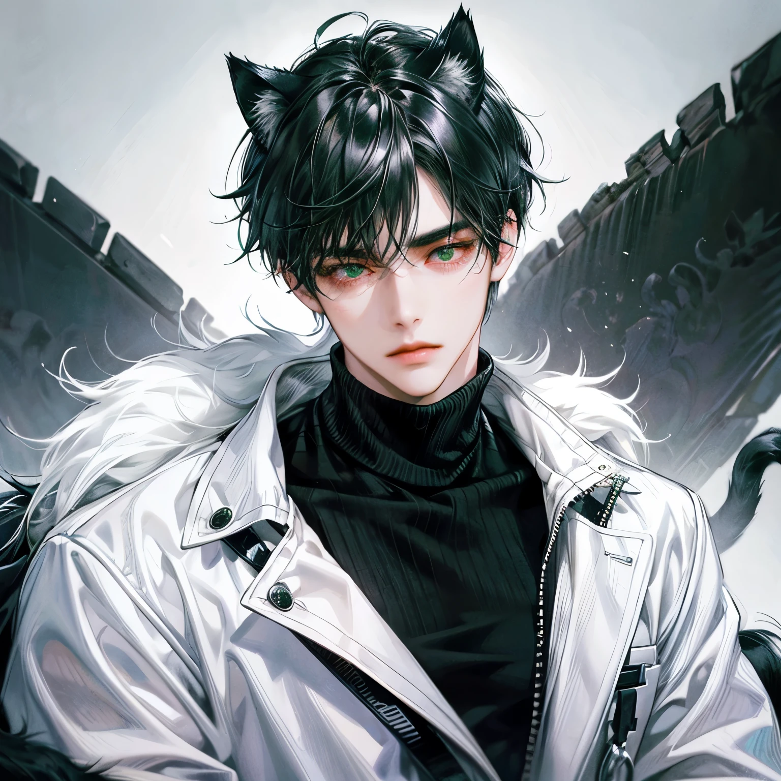 Men black hair eye green have cat ear tail black sweater and white coat very handsome