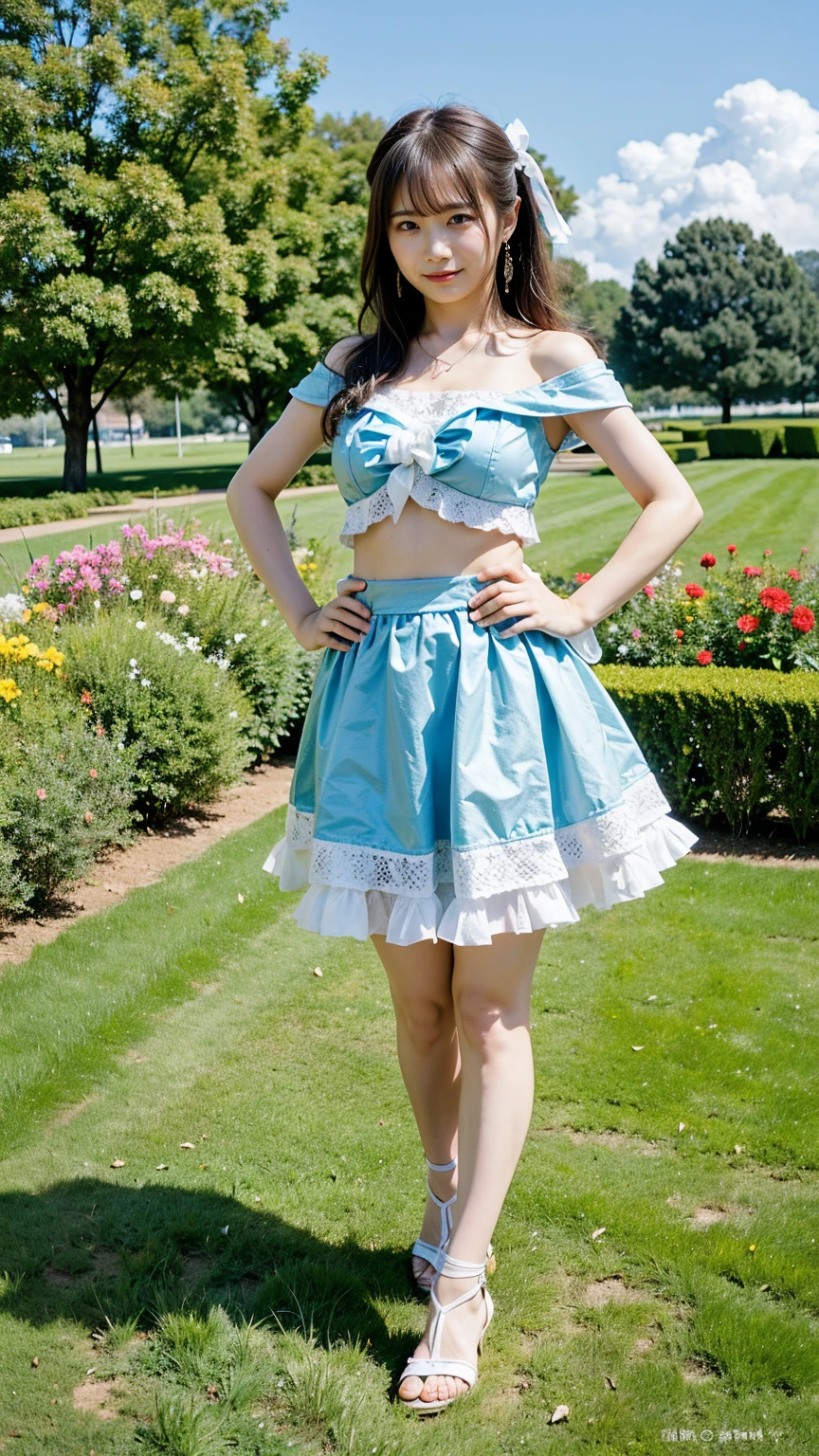 (8k、RAW Photos、highest quality、masterpiece:1.2)、(Realistic、Realistic)、1 girl、((White and light blue dresini skirt、Belly button、Sandals、Off the shoulder、Frills、Ribbon on chest、garden、smile、Big Breasts、View from the front、whole body、Standing with hands on hips))、Lots of eyelashes、Glowing eyelids、skeletally correct