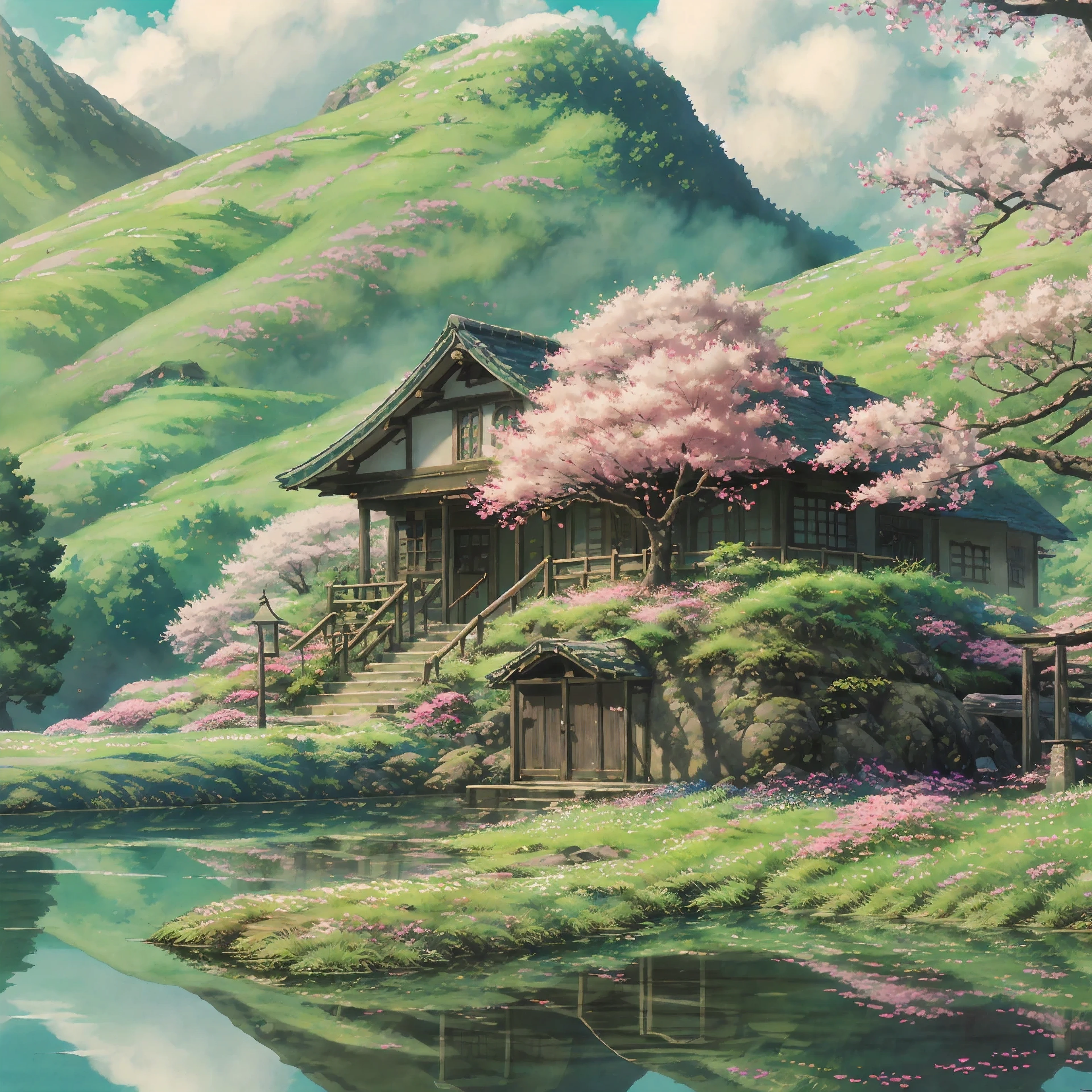 highest quality,4K,8k,High resolution,masterpiece:1.2,Super detailed,Realistic:1.37,Beautiful mountain scenery in Ghibli style,Japanese Landscape,Ghibli-style illustrations,Vibrant colors,A fantastic atmosphere,Foggy Mountain,Flowing River,Winding Road,Lush greenery,Whimsical architecture,Traditional Japanese house,hidden shrine,hanging torii,Floating lanterns,delicate cherry tree,Gentle breeze,Soft sunlight,Heavenly Beauty,Calm tranquility,Dreamy atmosphere,Neko Bus,cheerful character,Flying creatures,Playful elements,Magical World,Animated to life,Magical Adventures,Nostalgic charm,Incorporates intricate details,full of surprises and fascination
