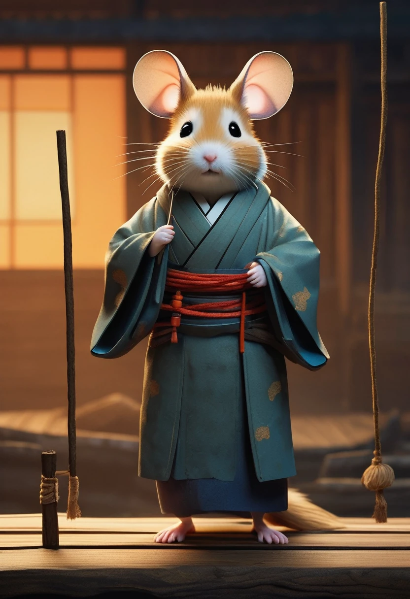 Hagi Yuan Yuan style，Set design, Very unified CG design,  (Hamster adventurer stands on a broken raft made of wood and rope）， Wearing a very shabby robe，,background：Fenghai， Pixar style，Felicia Simien and Studio Ghibli-style minimalist photography，Produced by Pixar，Minimalism，art，light，Negative Space，Dark arts，Surrealism，Ukiyo-e，