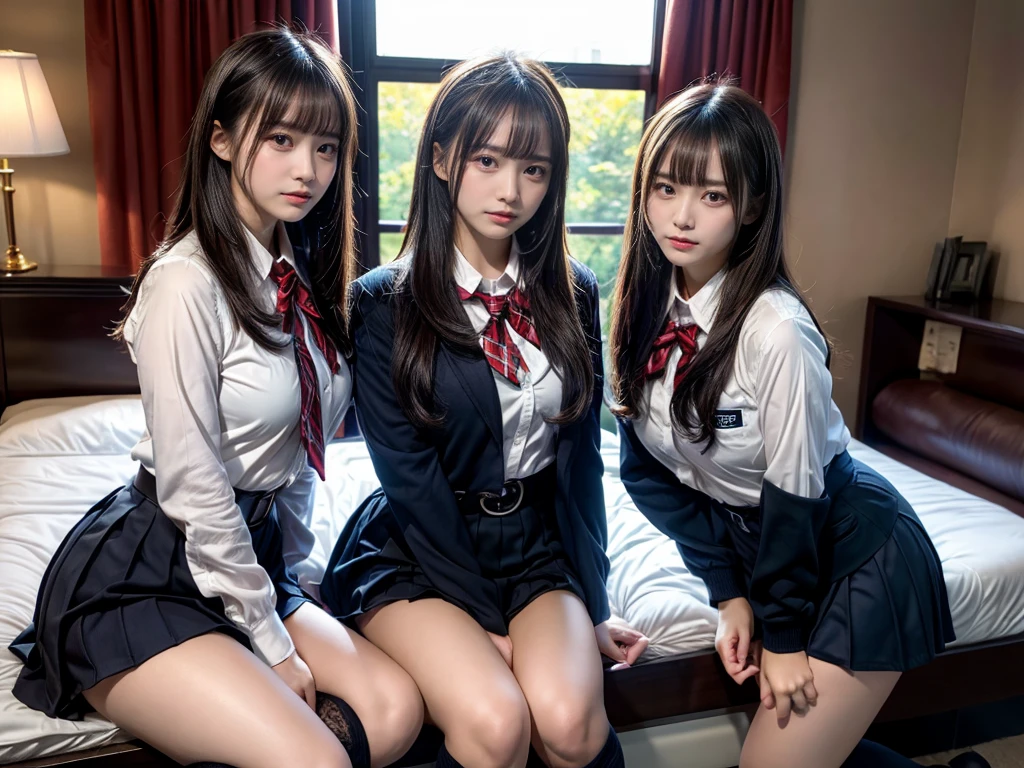 (8K, Raw photography, top-quality, masterpiece:1.2), master piece, best quality, illustration, Super detailed, fine details, High resolution, 8K,wall paper, perfect dynamic composition,(Details High quality, realistic depiction of eyes:1.3), ((2 girls, 2 schoolgirls)), The background is a luxury hotel room、High school girl uniform、blazer 、Super Short Check Uniform Skirt、Navy blue high socks、garterbelts、Colossal tits、Disturbed uniform, Play with each other,Touching each other's bodies,Touching the body of the girl next door, short bob hair, black hair color, huge breasts, Big Natural Color Lip, bold sexy pose, (perfect body shape), crying a little、cold gaze, Beautiful makeup,glitter makeup,Cutest 18 years old, beautiful legs, hposing Gravure Idol, Voluptuous thighs
