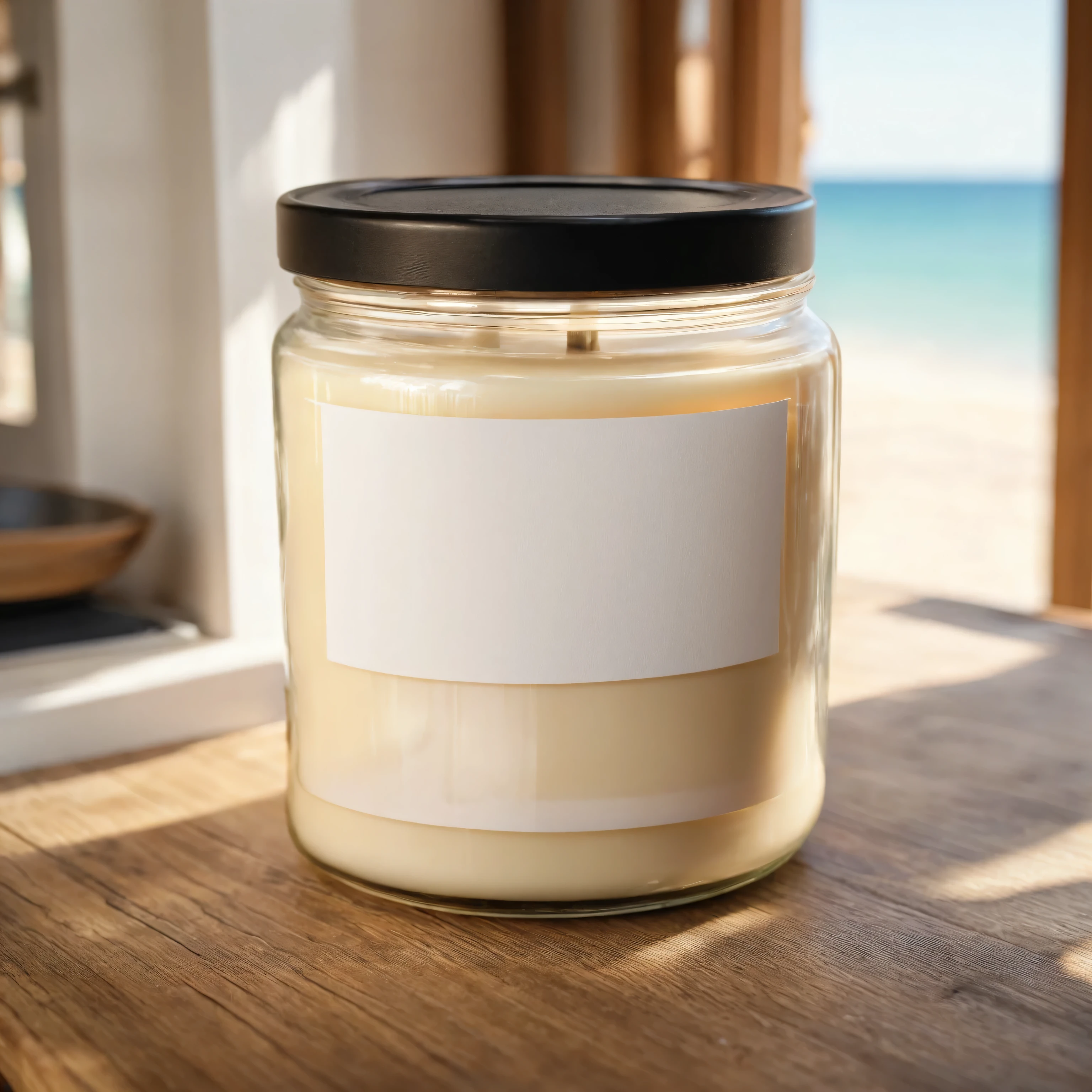 Mockup empty, a blank beige candle in a jar with white label and black lid standing on a wooden table in a sunny beachhouse, professional photo, shot on 50mm lens, sony a7 camera, daylight, shallow depth of field,