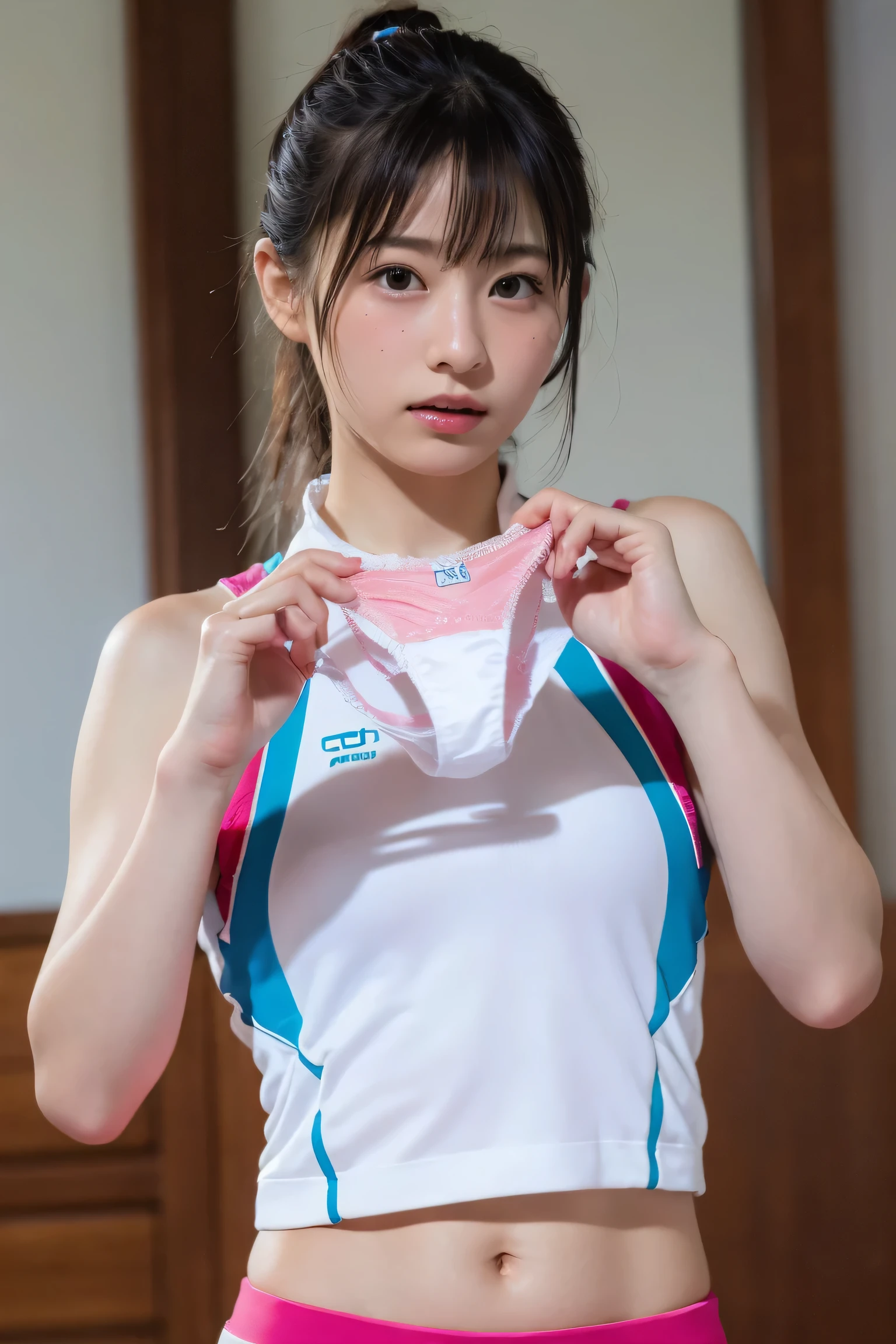 (8k, RAW Photos,highest quality, High resolution:1.1), (Ultra-realistic:1.4),(Realistic, Realistic:1.3),The Beauty of Japan、Rhythmic gymnastics club、Rhythmic Gymnastics Uniform、((Upper Body:1.3)),holding panties