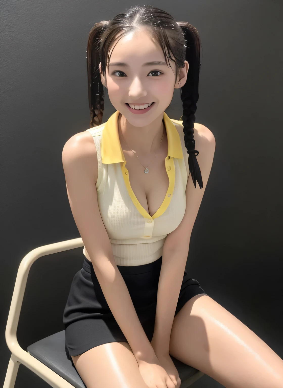 ((Ultra-high resolution)),8K,14 years old、Leaning forward to reveal cleavage、Small breasts, , Twin tails,  Yellow mini skirt, Black polo shirt、Small cleavage 2:1,Idol Sculpture, Wet, smile、Pink wall、sexy、slender、Shapely small breasts、I can see your thighs、Sitting in a chair、sexy