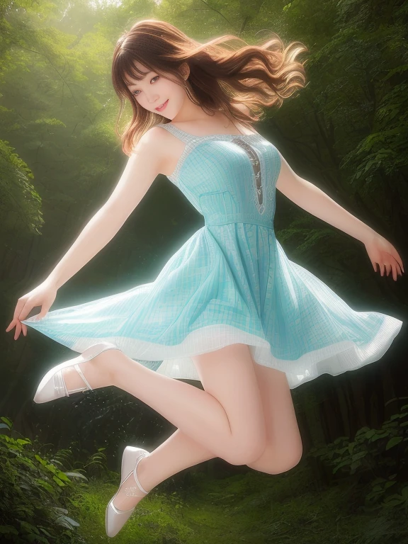 Photo-realistic quality、Image of a woman in a sheer white dress jumping into the air on a forest path, ２０Cute playful pose of an old dancer, Casual pose, Slim girl model photo, Cute Japanese Woman、She is dancing.looking at the camera、Detailed and beautiful eyes、２０Age idol、Beautiful Model、Cute Smile