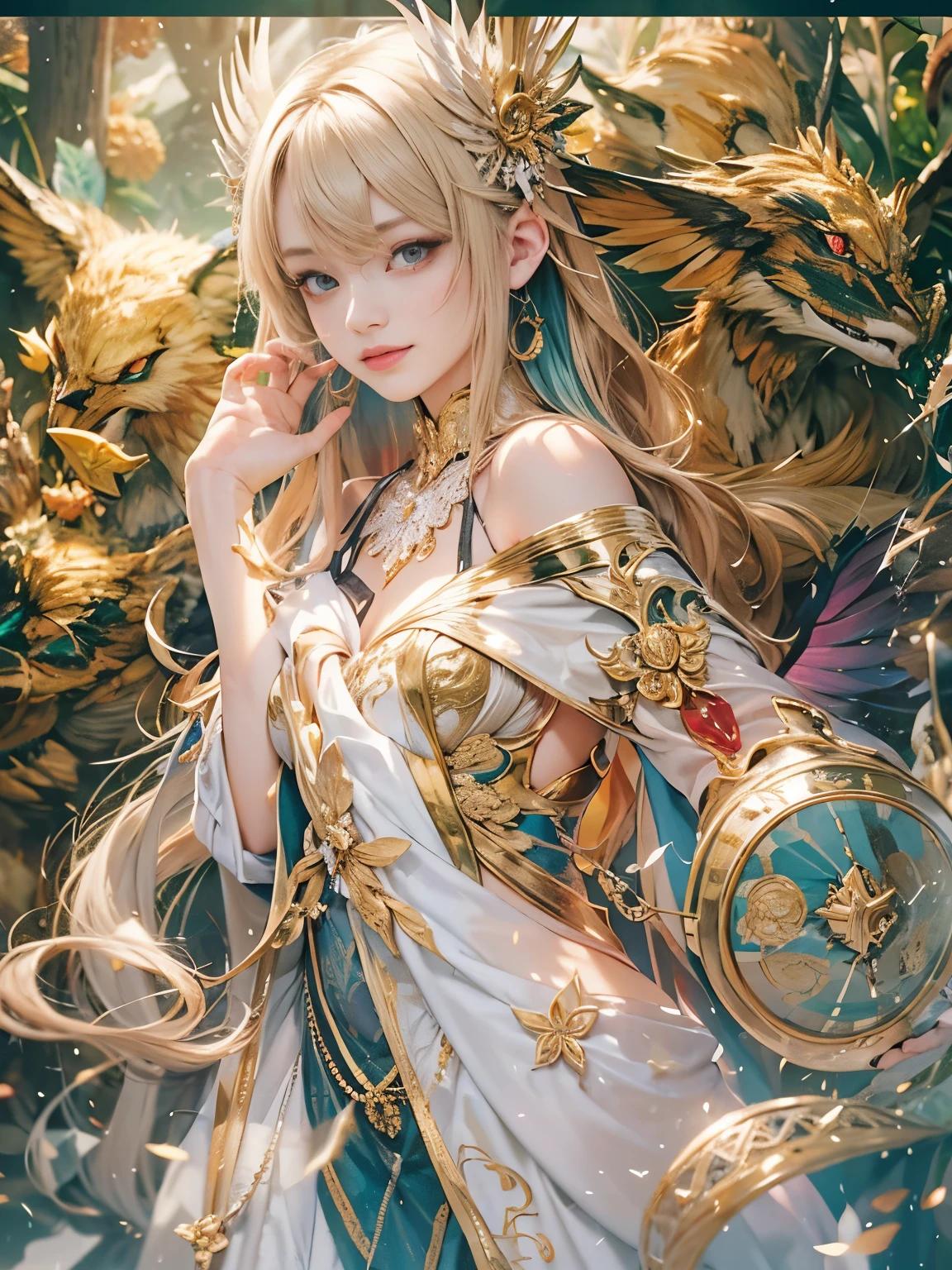 (8k, highest quality, masterpiece: 1.2), (Realistic, photoRealistic: 1.37), Super detailed, (no_human), (There are four sacred beasts, Suzaku), Wide viewing angles, Firefly Garden, There are lots of little faint lights and fireflies flying around, night, Intricate details, Splash screen, 8K resolution, masterpiece, Meek smile, Mysterious Background, aura, Gentle gaze, Break, Blonde, dynamic sexy poses, Golden Ratio