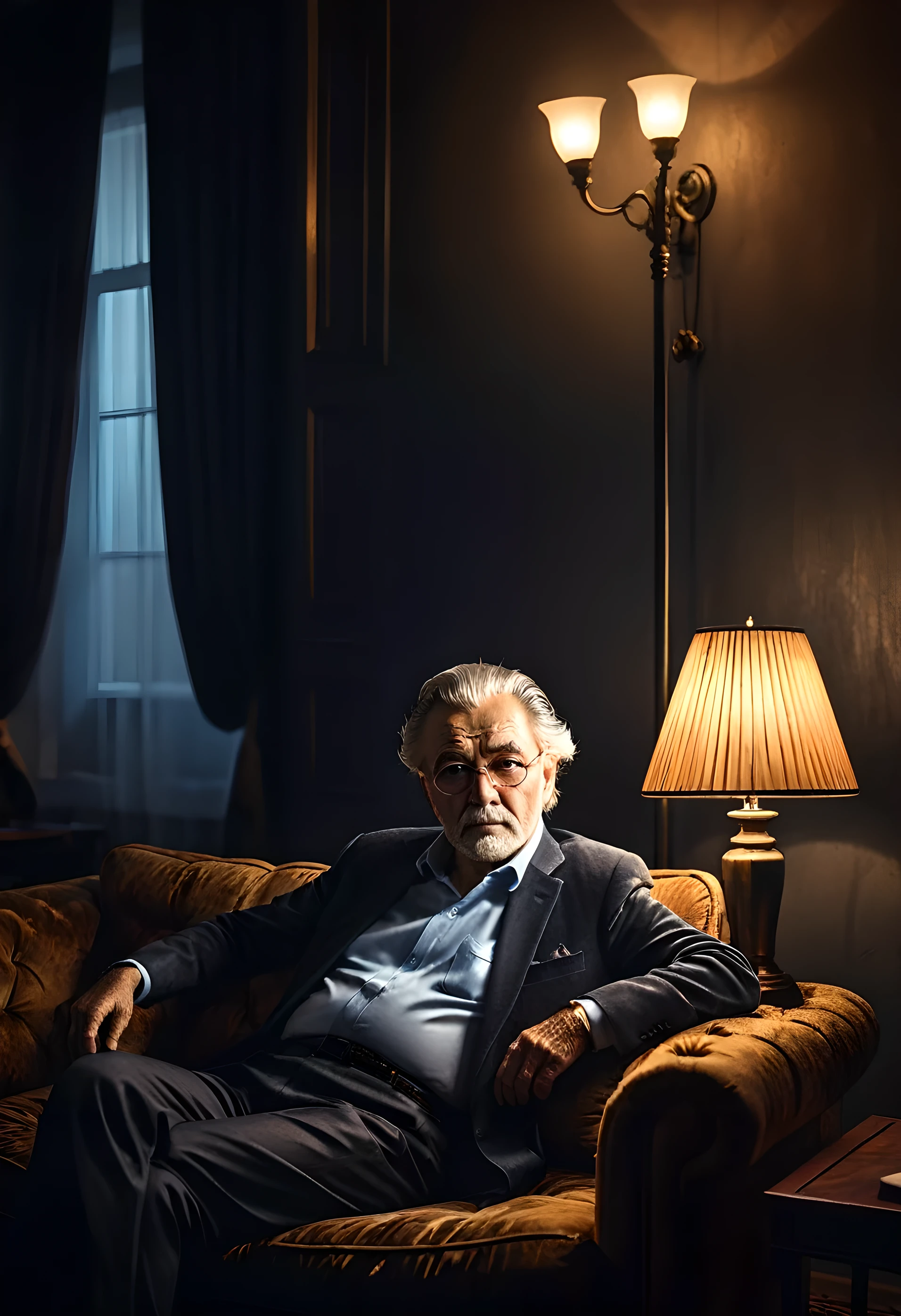 highfashion, old man sitting on sofa in dark study, light from floor lamp illuminating his hair and shoulders, black background, mikhail kats, photorealistic, (best quality,4k,8k,highres,masterpiece:1.2),ultra-detailed,(realistic,photorealistic,photo-realistic:1.37),HDR,UHD,studio lighting,ultra-fine painting,sharp focus,physically-based rendering,extreme detail description,professional,vivid colors,bokeh