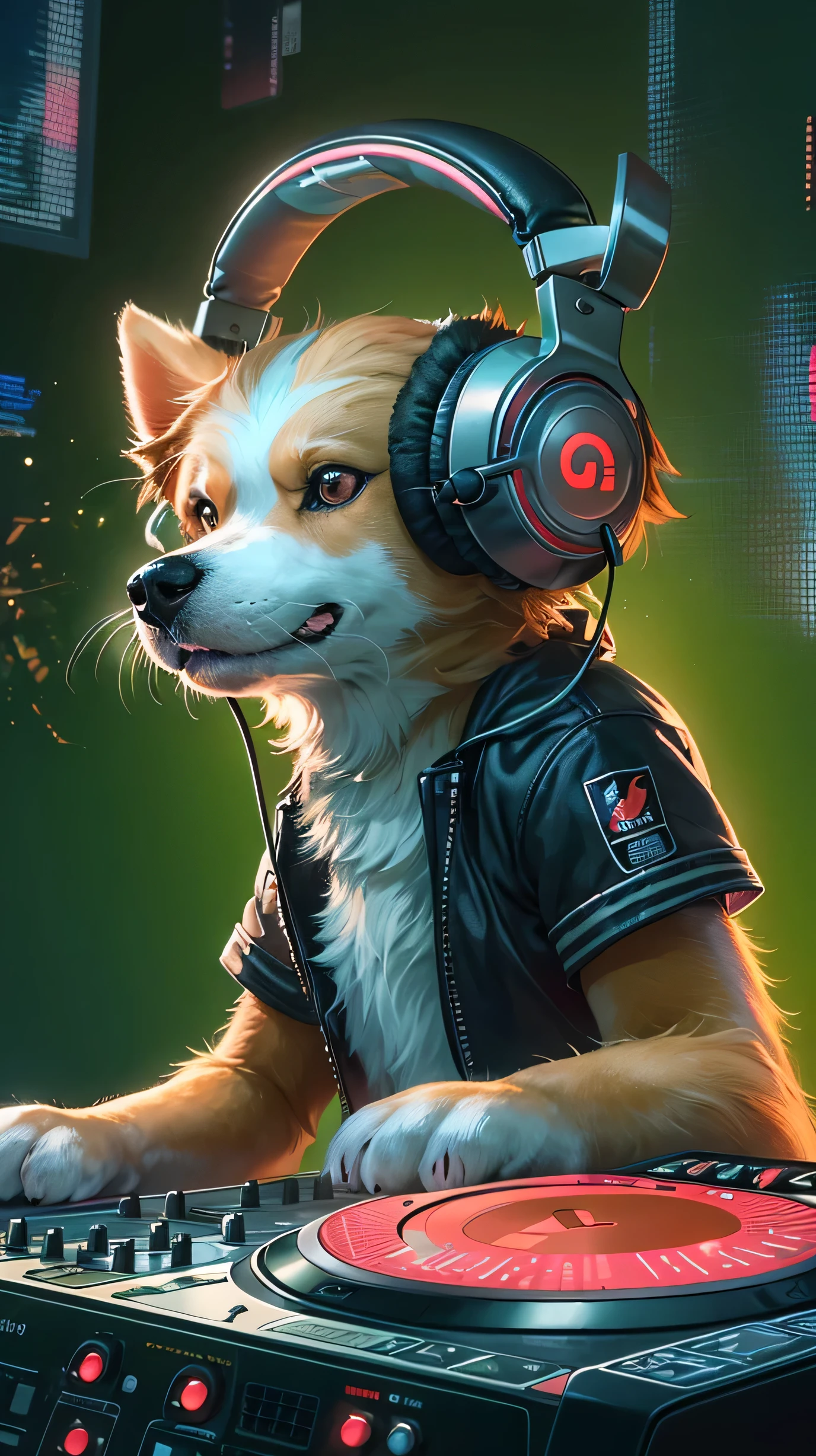 (a furry dog With headphones on playing a dj,Dog Head,Dog&#39;s tail:1.35),Nightcore, Headphones DJ Rave, With headphones,Cool backgrounds, Anime Style 4k, anime wallpaper 4k, anime wallpaper 4k, DJ&#39;s , everyone, Gweiz-style artwork, With headphones,