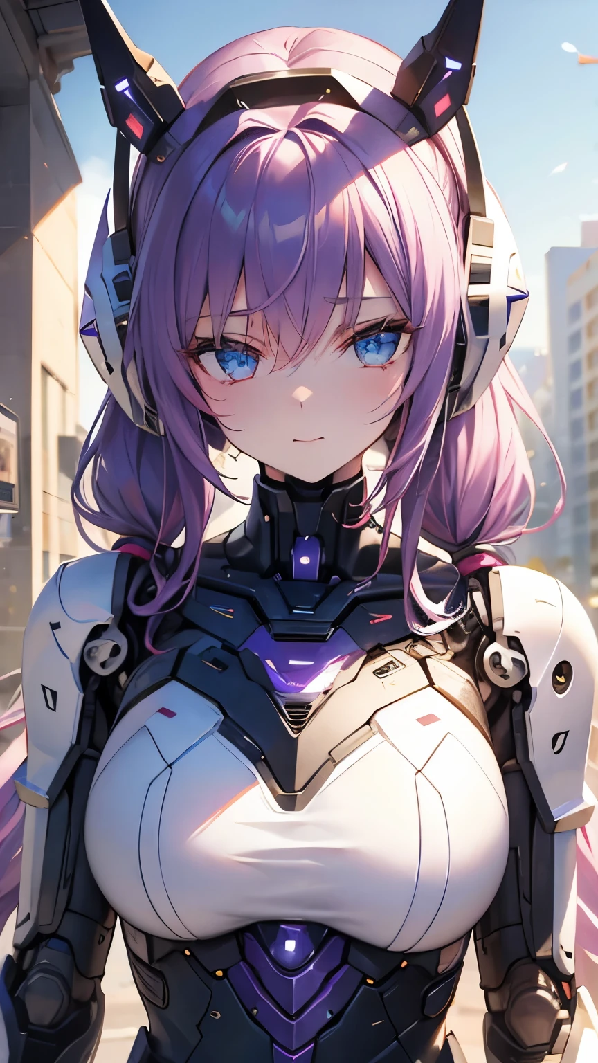 (((Best quality, 8k, Masterpiece: 1.3)), ((best quality)), ((masterpiece)), (detailed), perfect face, Female android, artificial intelligence, robot, metal frame, cyberspace, science fiction, laser gun, mechanical body, purple hair, sidelocks, low twintails, from below, helmet with decorations, cowboy shot, 